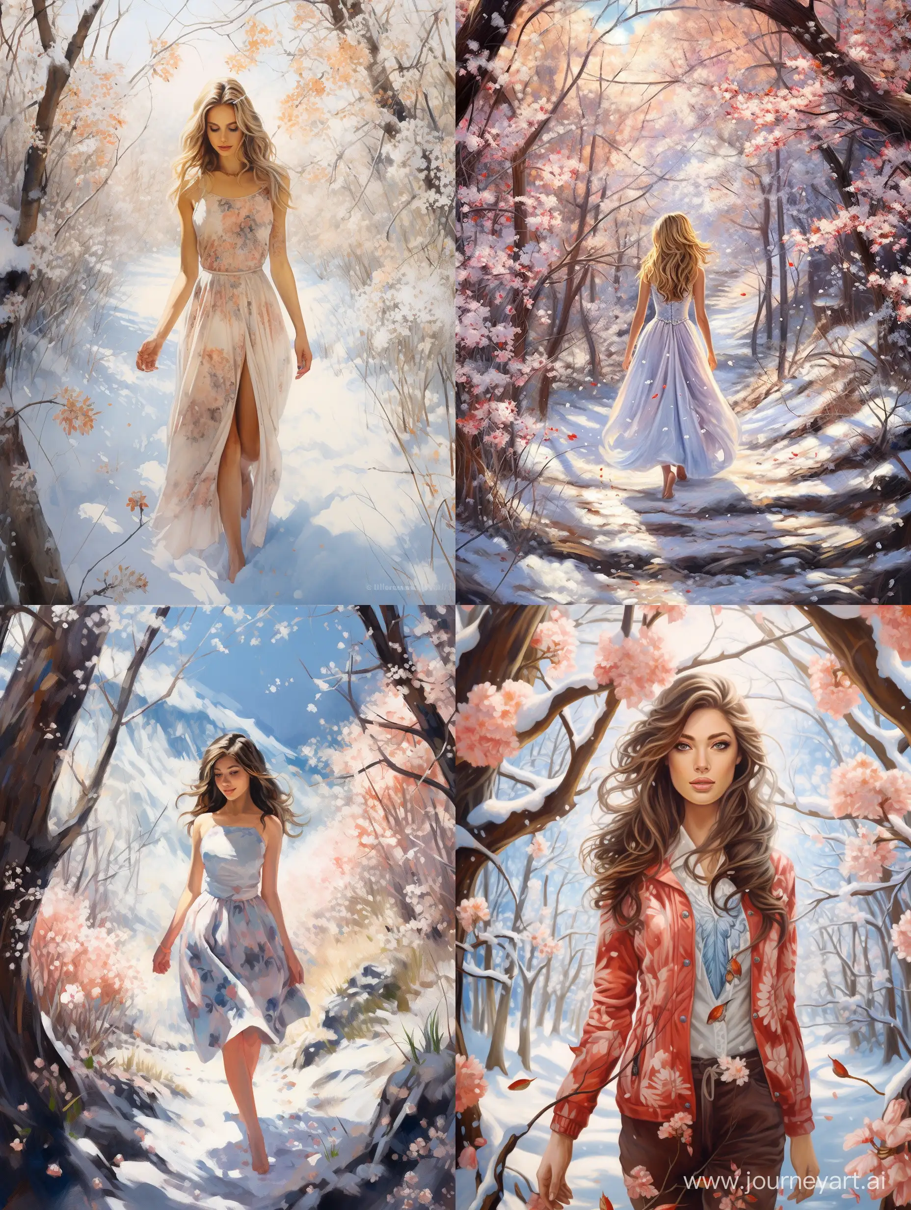 A beautiful girl is walking through a winter forest on a bright sunny day, with blossoms blooming all around.