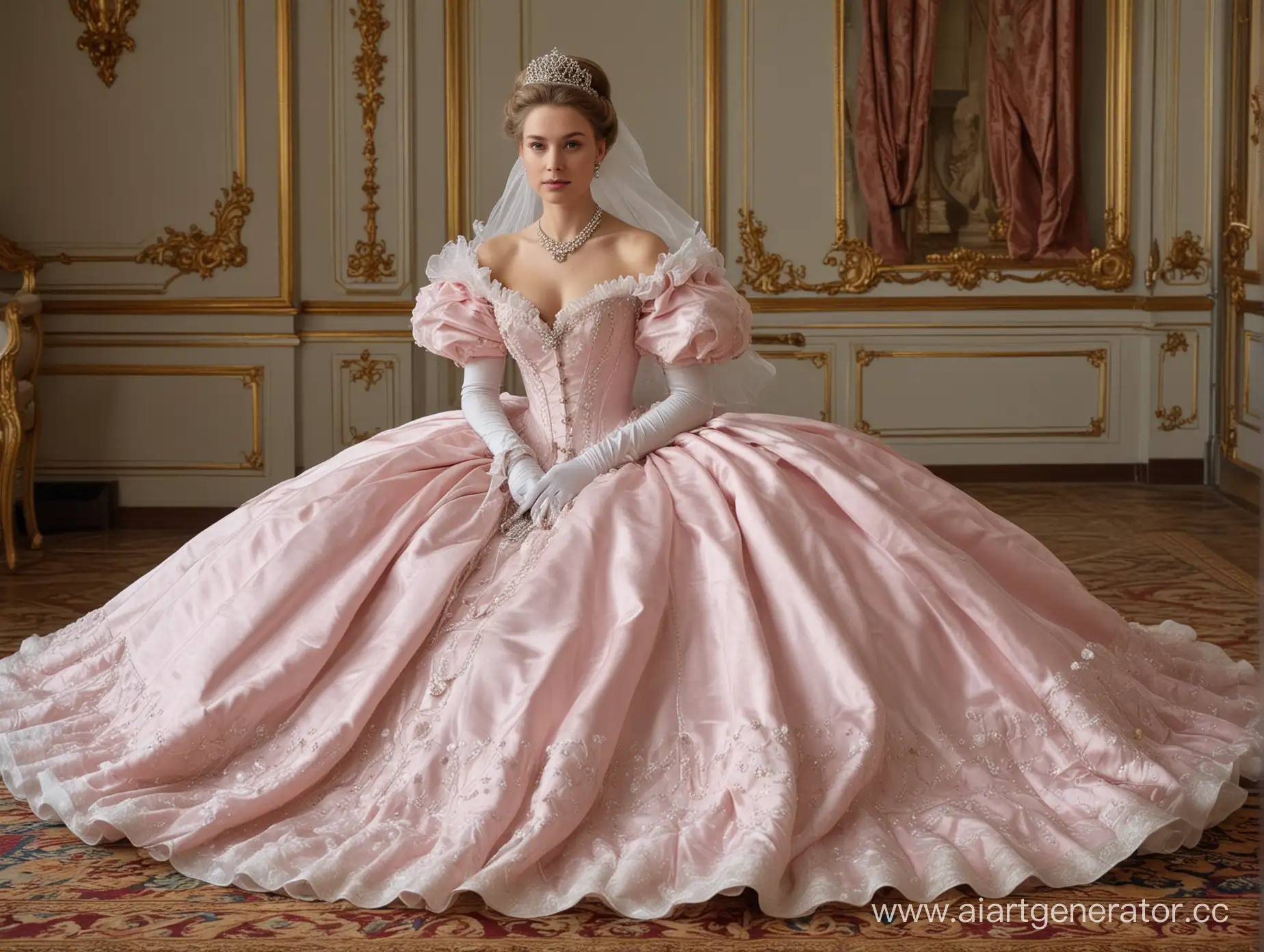 Regal-Queen-in-Rococo-Dress-Sitting-in-Palace