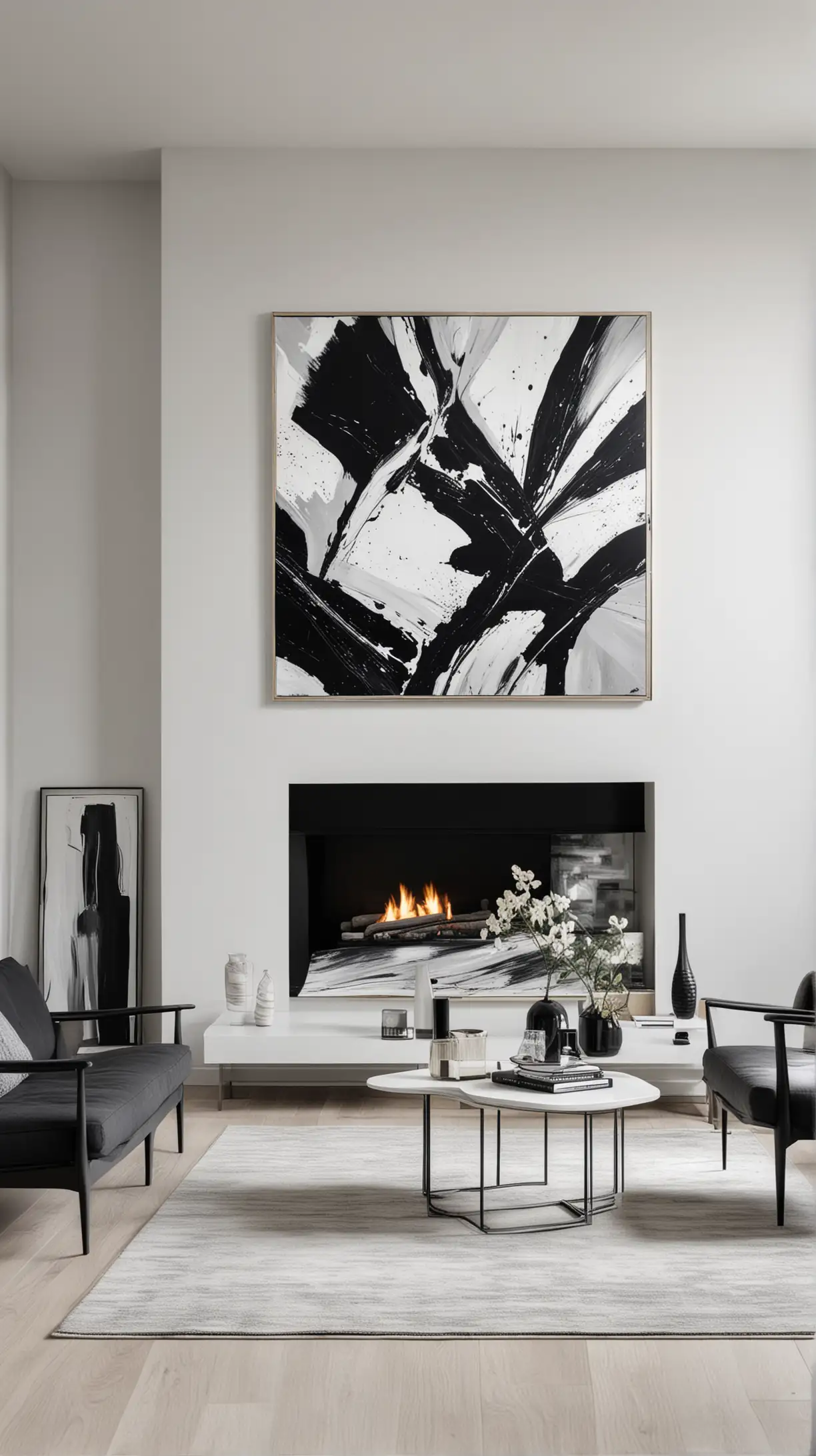 A sleek and sophisticated minimalist monochrome living room with black and white furniture, abstract wall art, and clean lines, modern style.