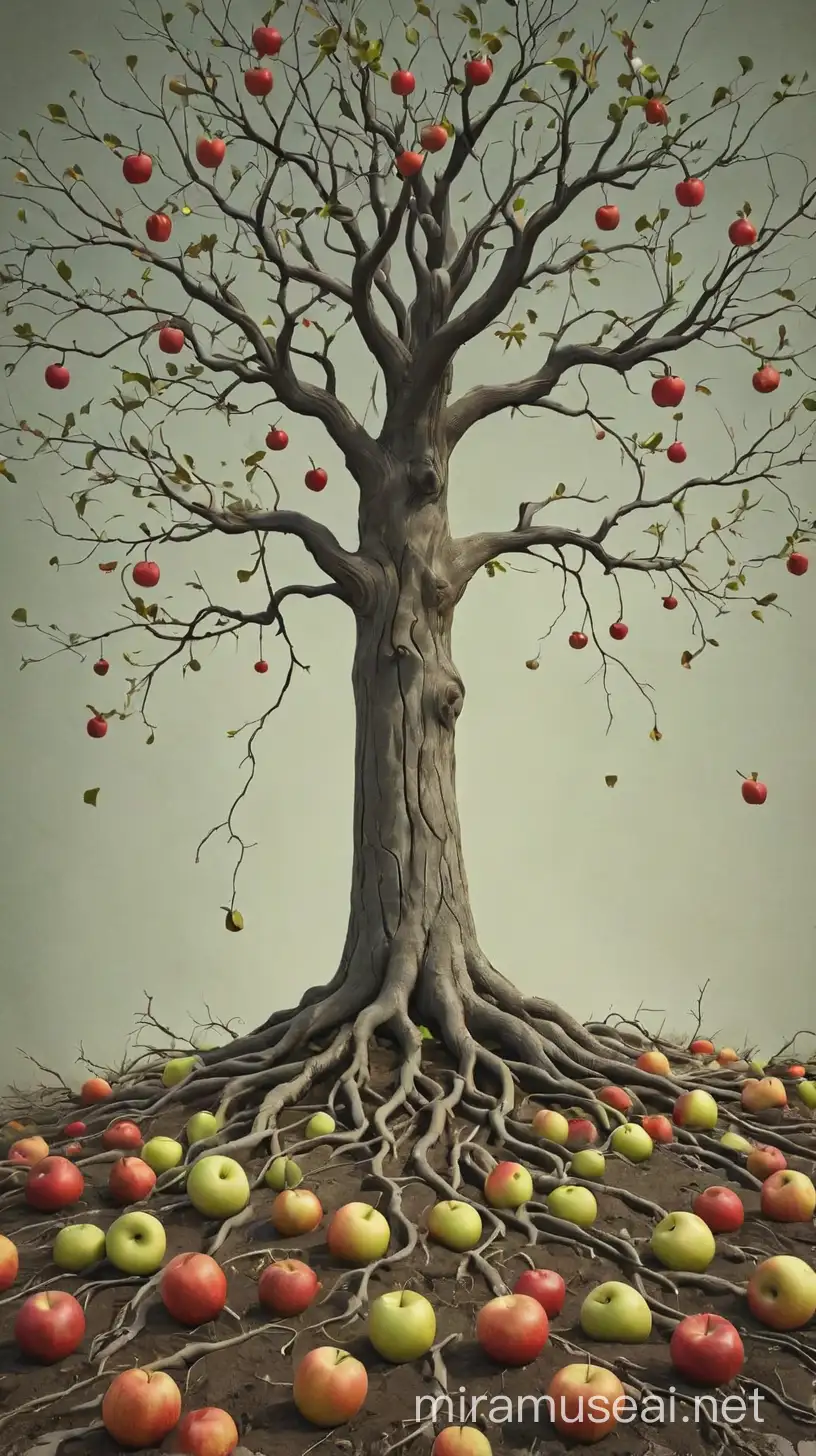 fondo de pantalla que muestre las raíces de un árbol con manzanas, convertirse en una mente. En 2D, minimalista, con un poco de color