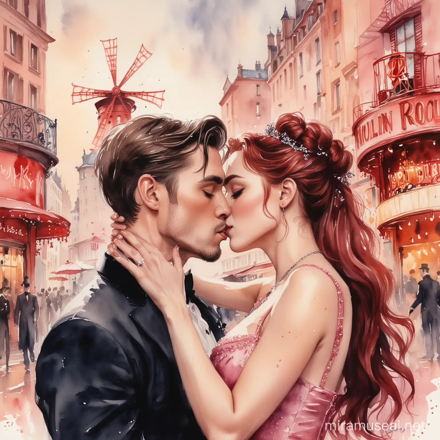 Romantic Kiss Scene in Moulin Rouge Watercolor Painting in Blush Tones