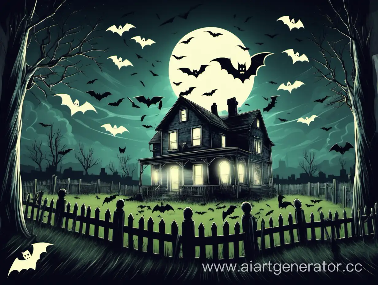 create a preview of a ghost hunting game
IAdd a farmhouse on the background and some bats flying in the air