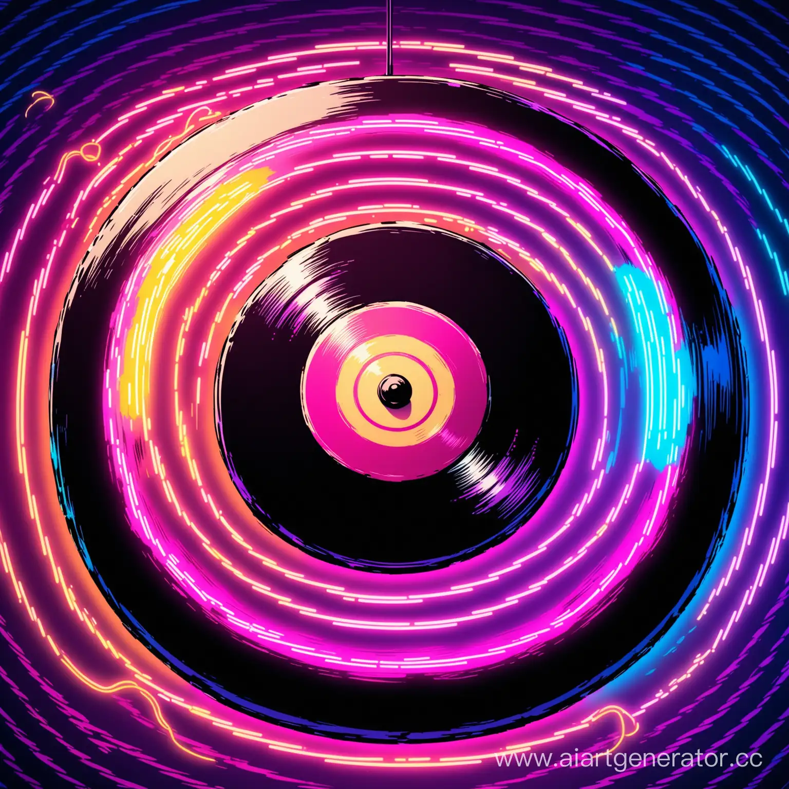 vinyl record lying on its side with music waves flickering in neon style
