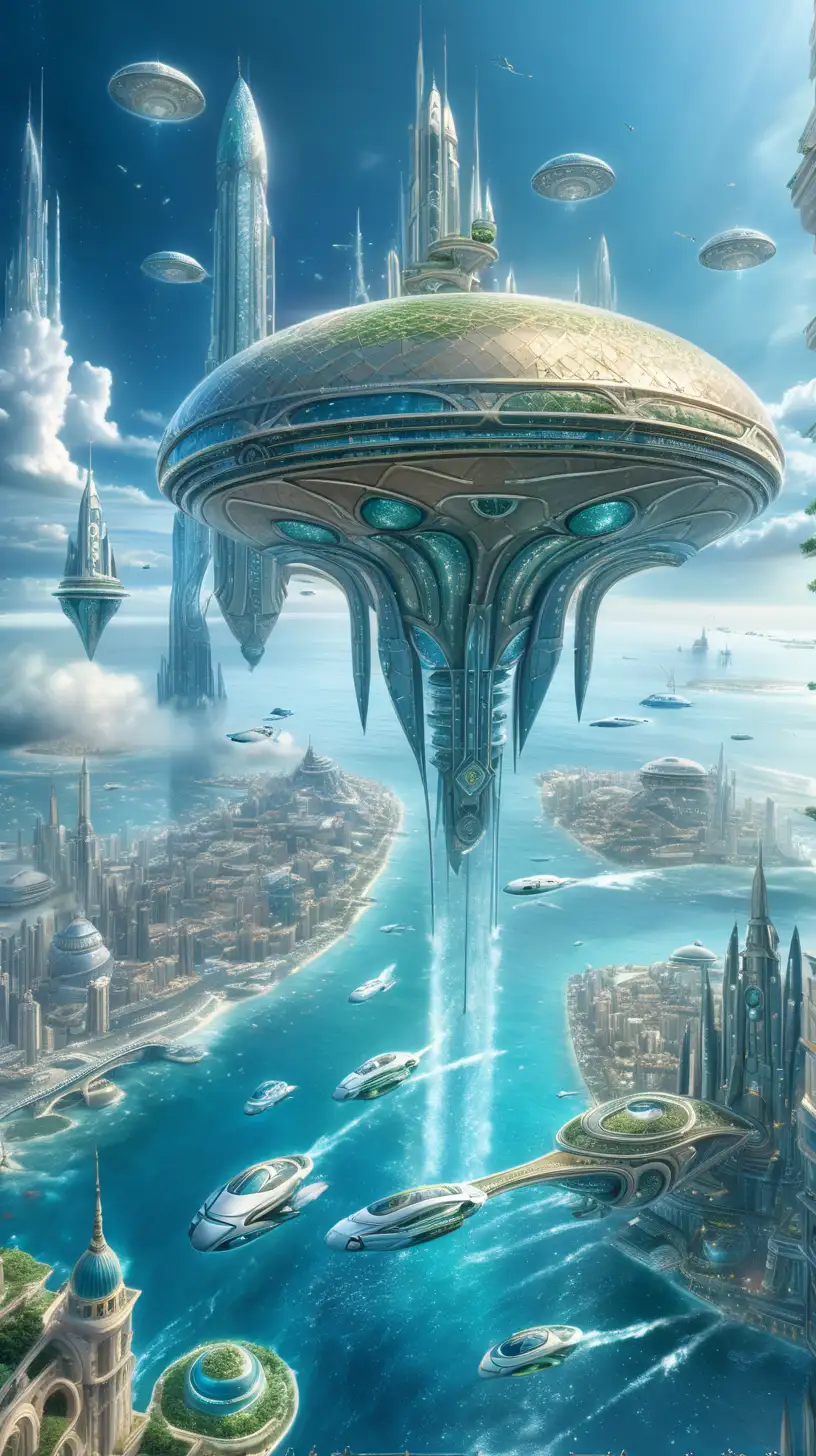 A breathtaking view of a floating city, reminiscent of Atlantis, but in a futuristic style, hovering above a shimmering ocean.