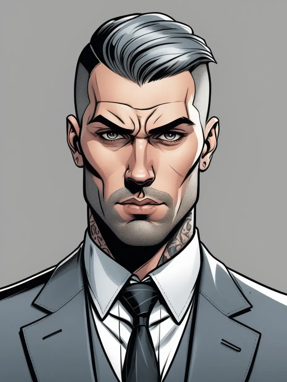 inked comic book style. close up portrait of man with close cropped hair and immaculate suit. business thug casual. grey background.