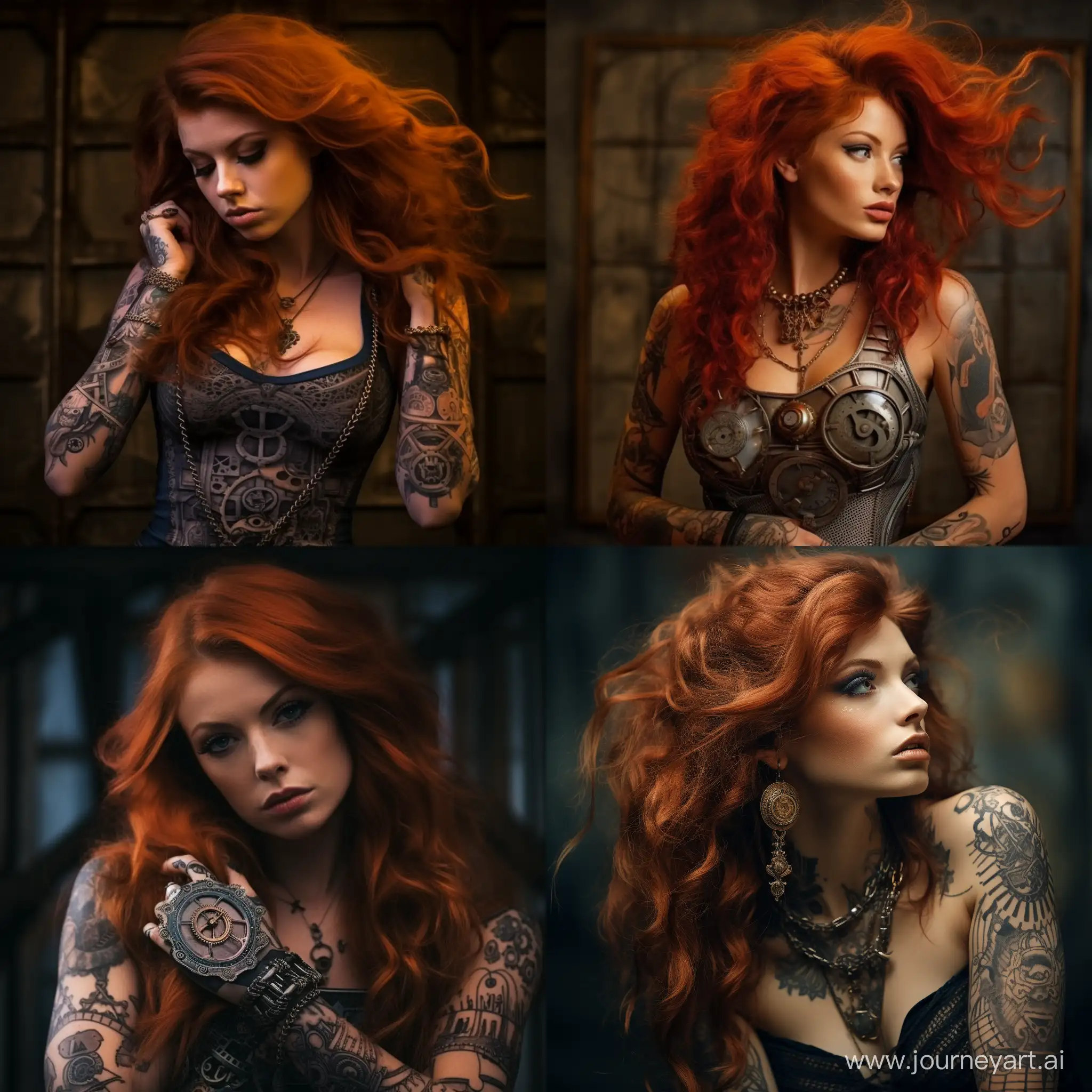 Steampunk-Redhead-with-Intricate-Tattoos-in-a-Vibrant-Portrait