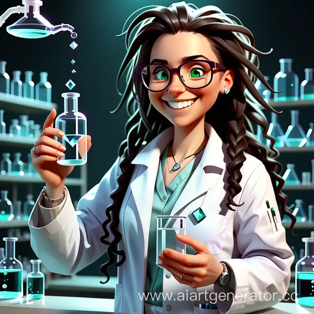 Белая девушка с темными дредами в очках химик в лабораторном халате, улыбается, держит колбу в одной руке, держит бриллиант в другой руке. 