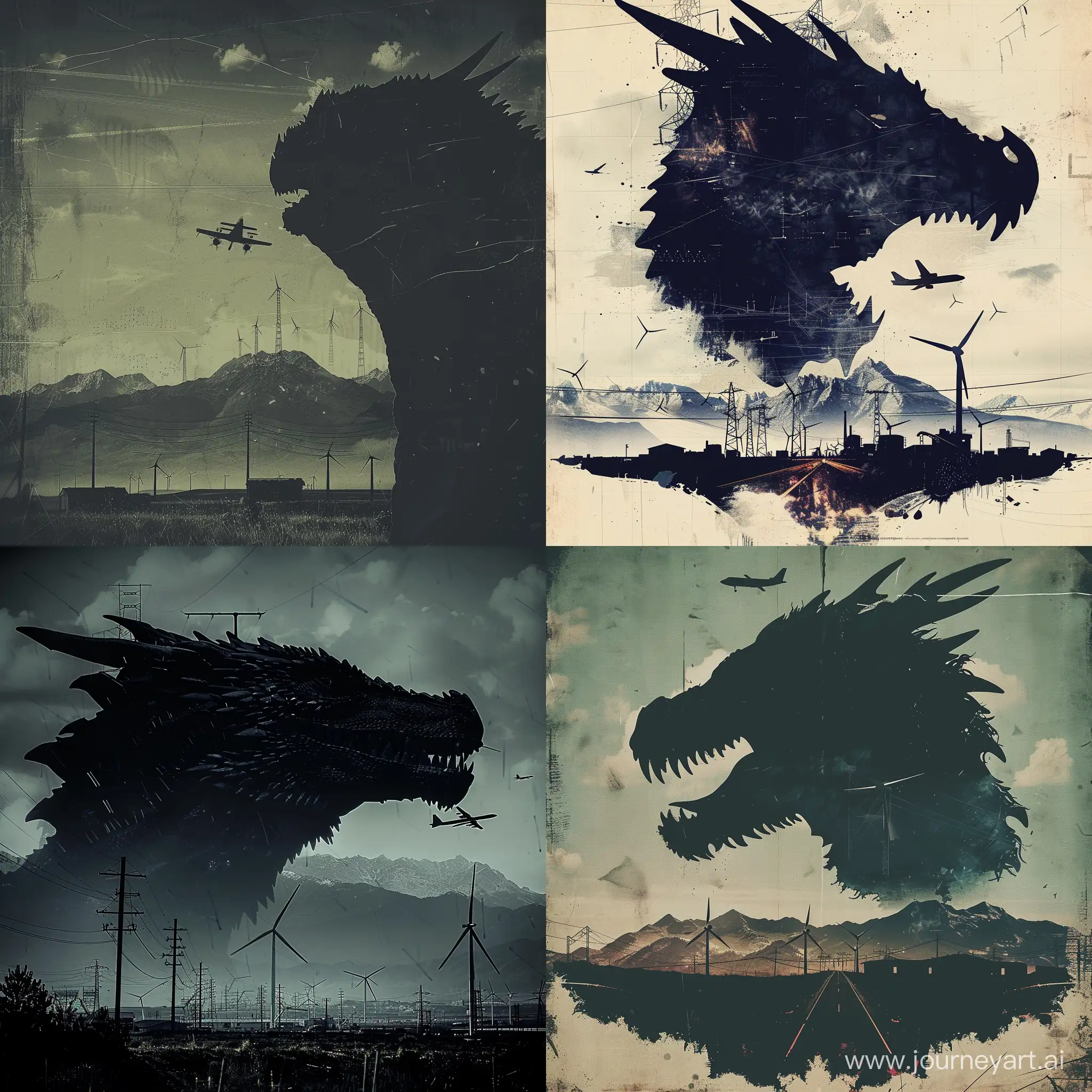 Omenous dark image of a dragon head, wind turbines, power lines, aircraft and mountains in the background