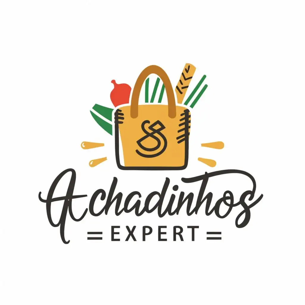 logo, a market bag, with the text "Achadinhos Expert", typography