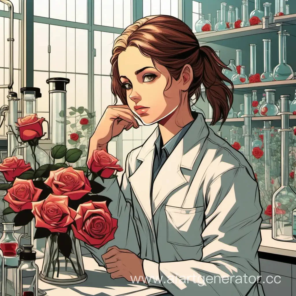 Thoughtful-Girl-in-Laboratory-with-Roses