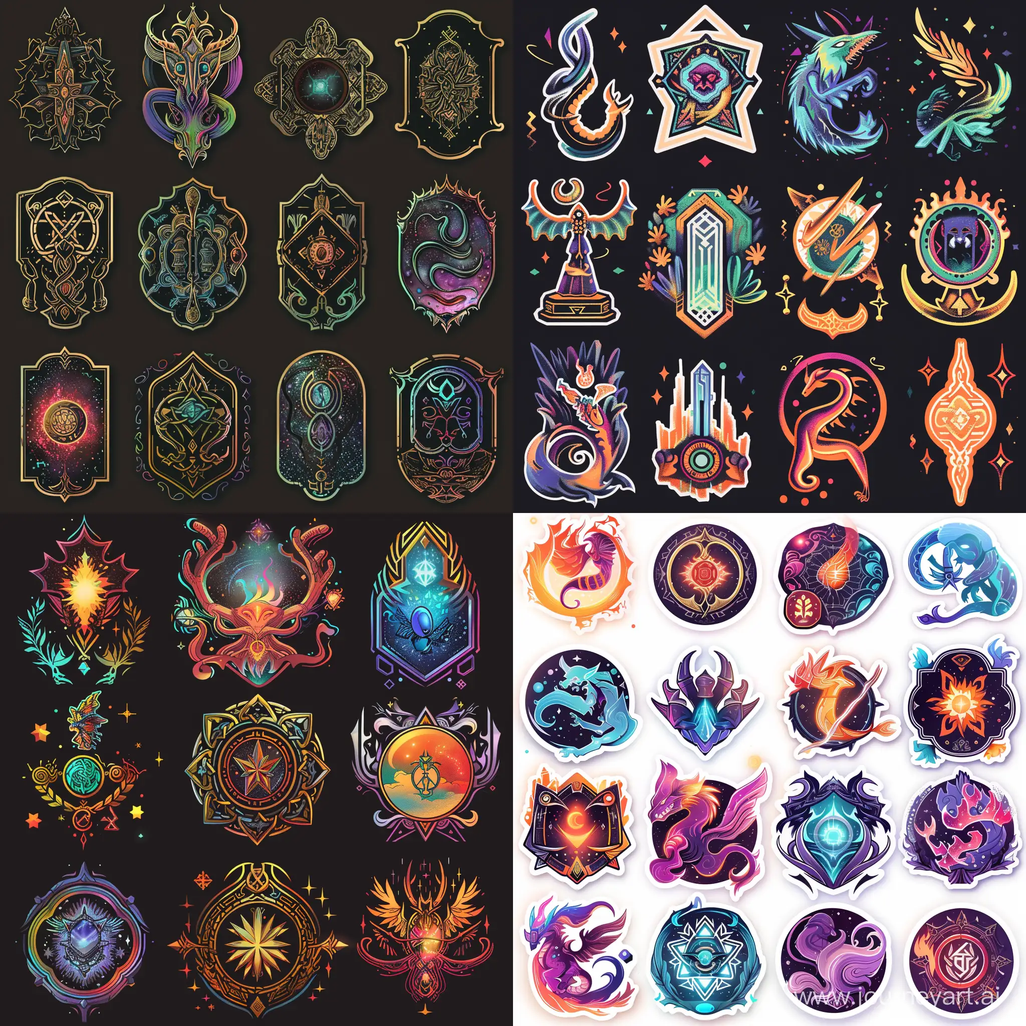 Design a set of fantasy abstract stickers for printing. inspired by mythical creatures, arcane symbols, and enchanted artifacts, perfect for enhancing game art with mystical charm and intrigue. Create imagery that evokes ancient runes, shimmering portals, celestial beings, and mystical elements intertwined with vibrant colors and intricate patterns. Your stickers should transport players to a realm of magic and wonder, sparking their imagination and enriching their gaming experience."