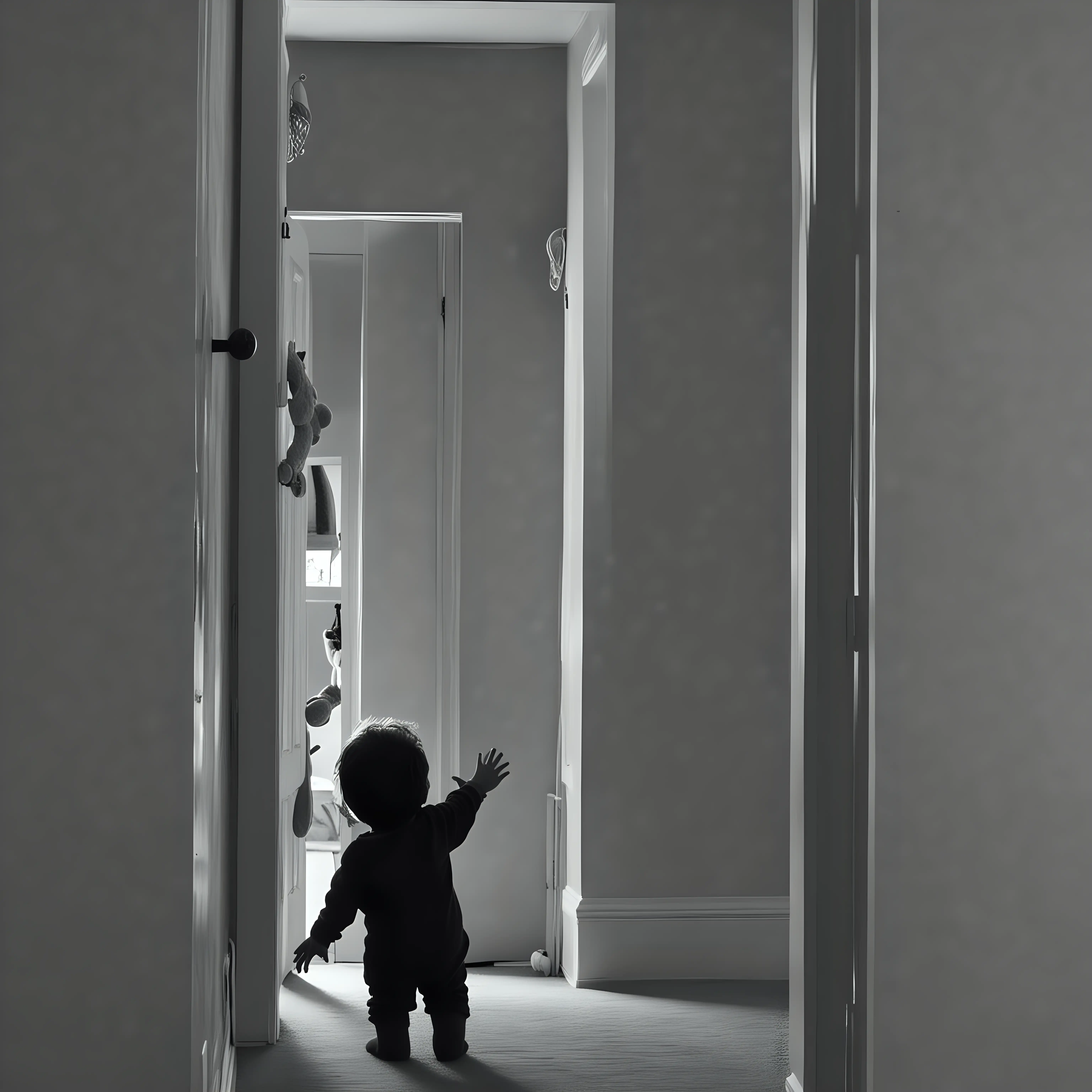 Silhouette of Boy Holding Teddy Bear at Doorway