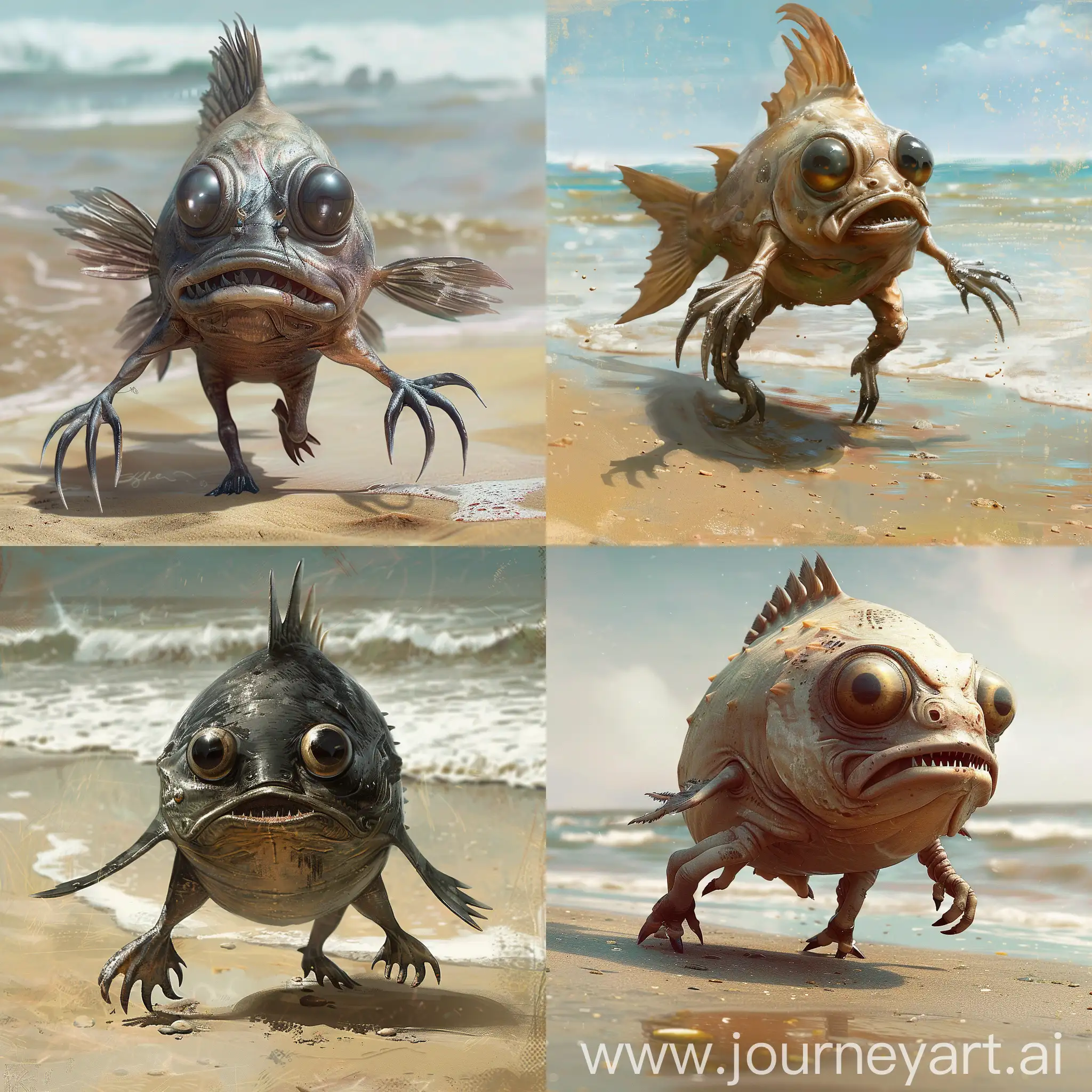 Walking-Fish-Creature-with-Clawed-Fins-on-Beach