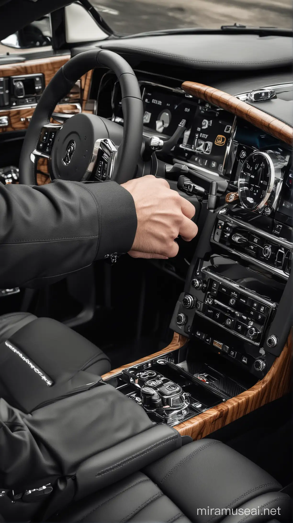 Generate an image from the driver's perspective inside a luxurious Rolls Royce Cullinan Black Badge, modified by Mansory. The driver's hand is positioned on the steering wheel, showcasing a prestigious Jacob & Co. watch on the wrist. The interior exudes opulence, with premium leather upholstery, exquisite wood trim, and state-of-the-art technology seamlessly integrated. The driver is captured in a moment of exhilaration, confidently navigating the road ahead in unparalleled comfort and style.