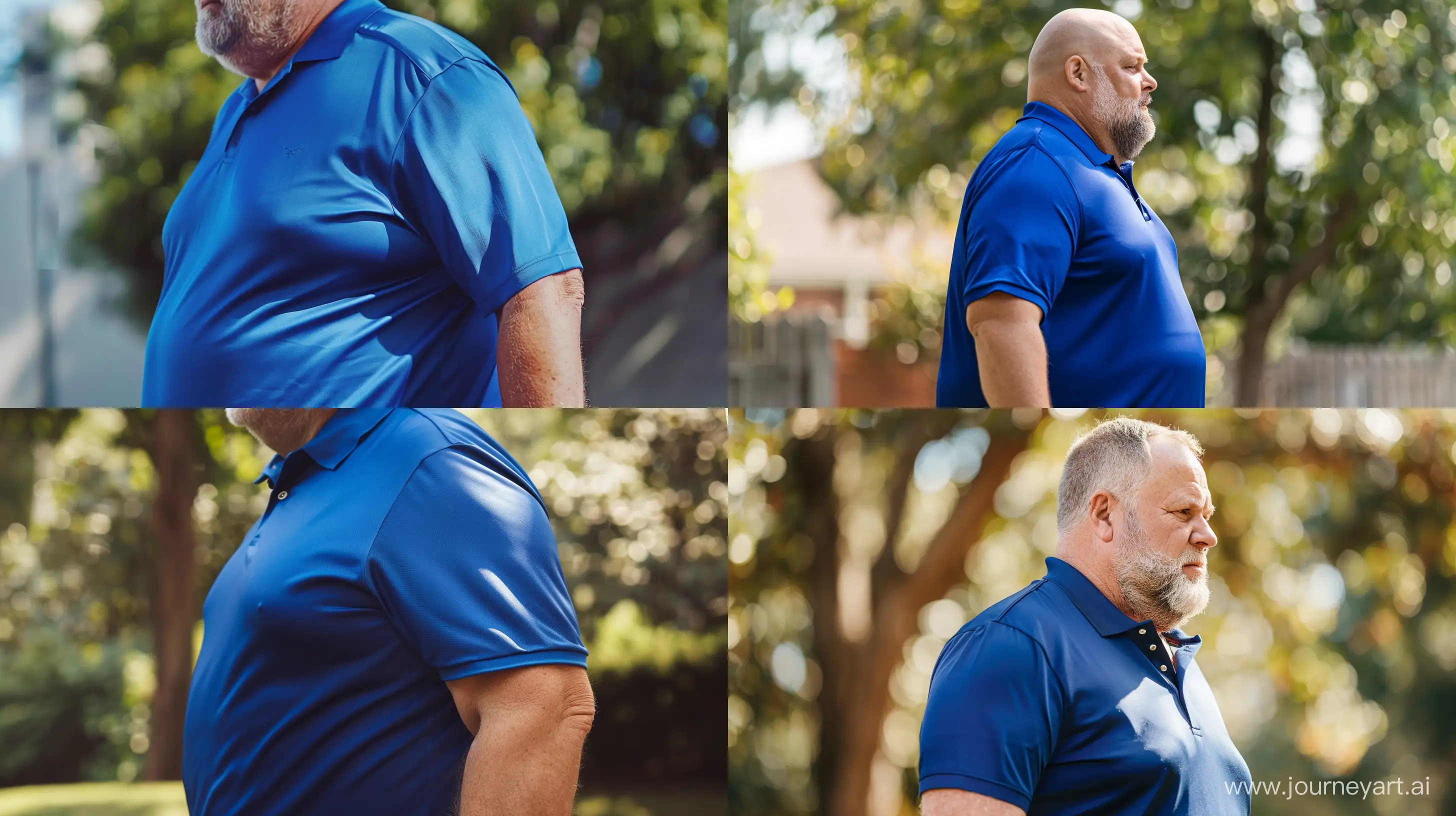 Lateral view close-up photo of a fat man aged 60 wearing silk tucked royal blue sport polo shirt. Walking Outside. --style raw --ar 16:9