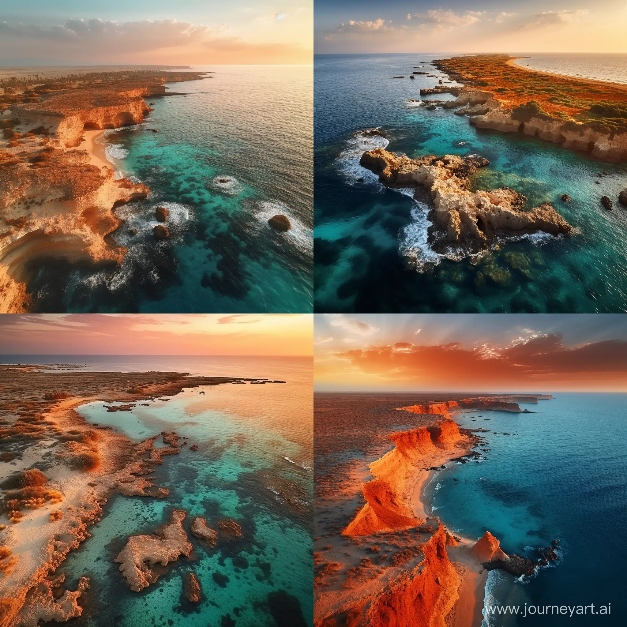 tu es photographe et tu possèdes un drône qui prend des photos vues du ciel. Peux-tu me produire une photo des côtes de la mer rouge depuis le ciel lors d'un coucher du soleil.
