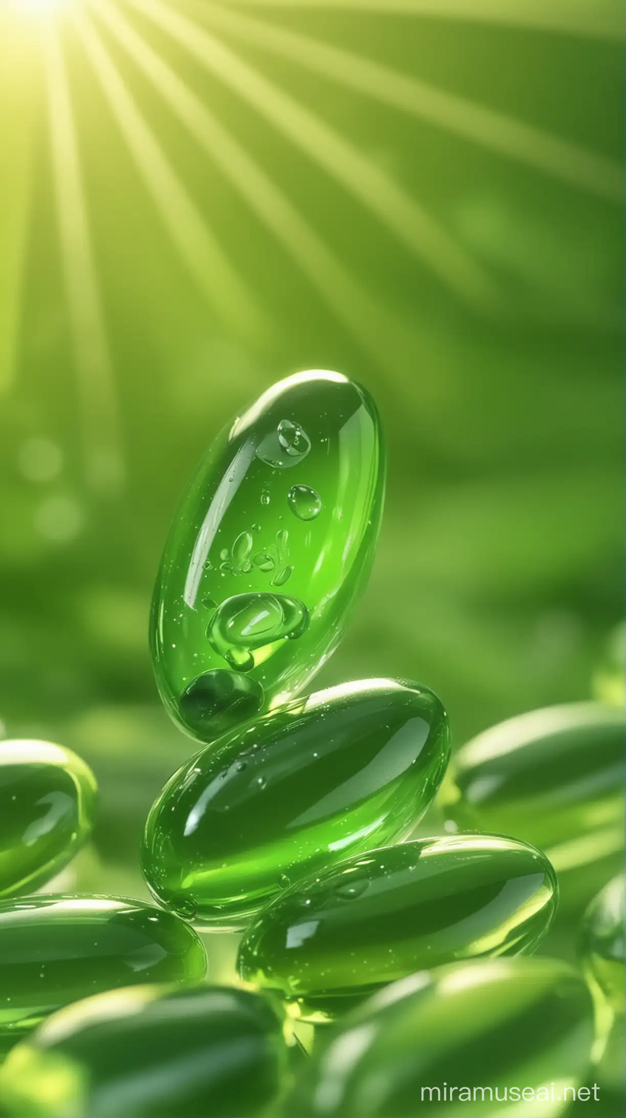vitamin e capsule green color, natural background, sun light effect, 4k, HDR, morning time weather