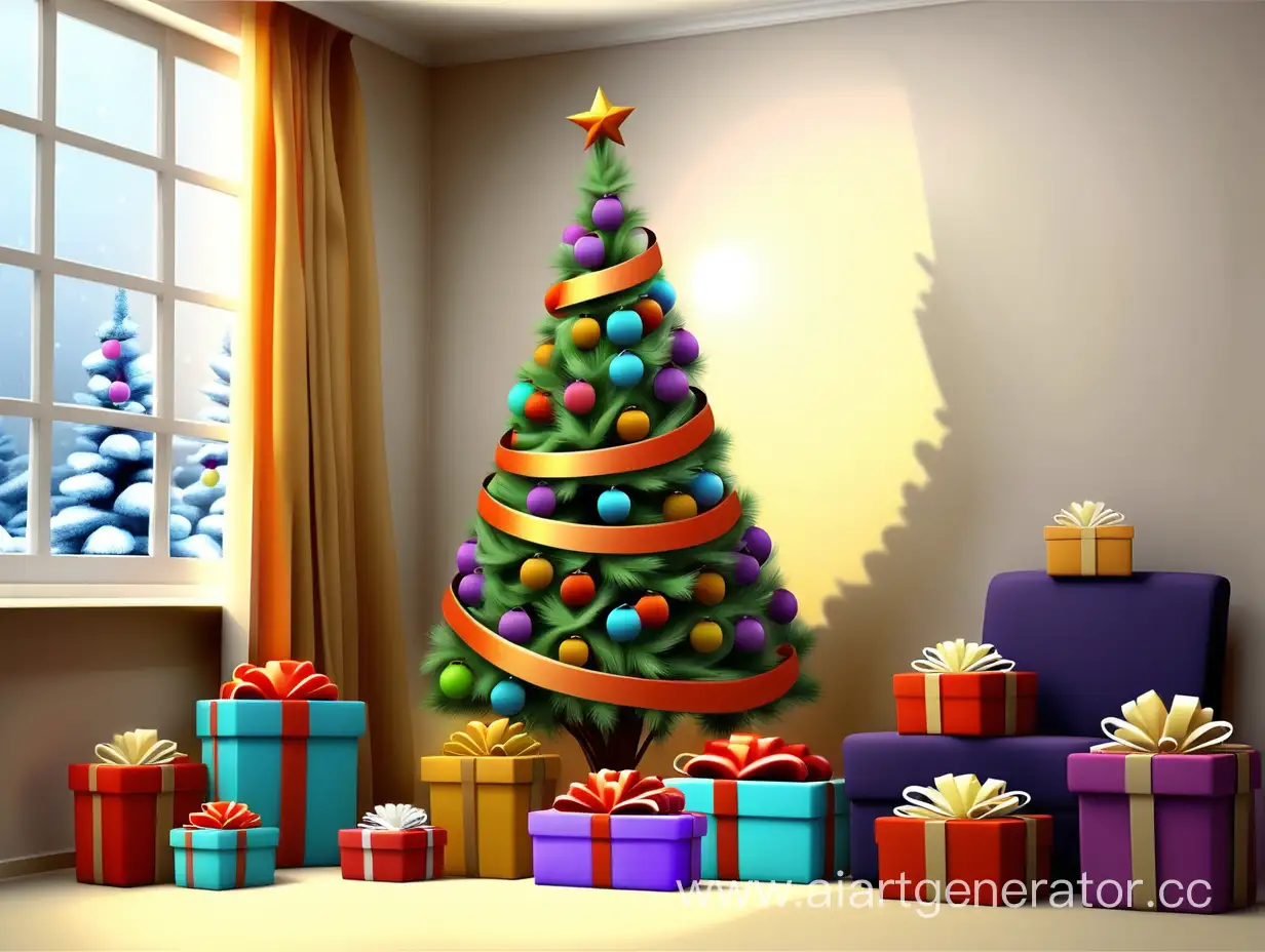 Festive-New-Year-Tree-Surrounded-by-Colorful-Gifts-and-Cheerful-Decor