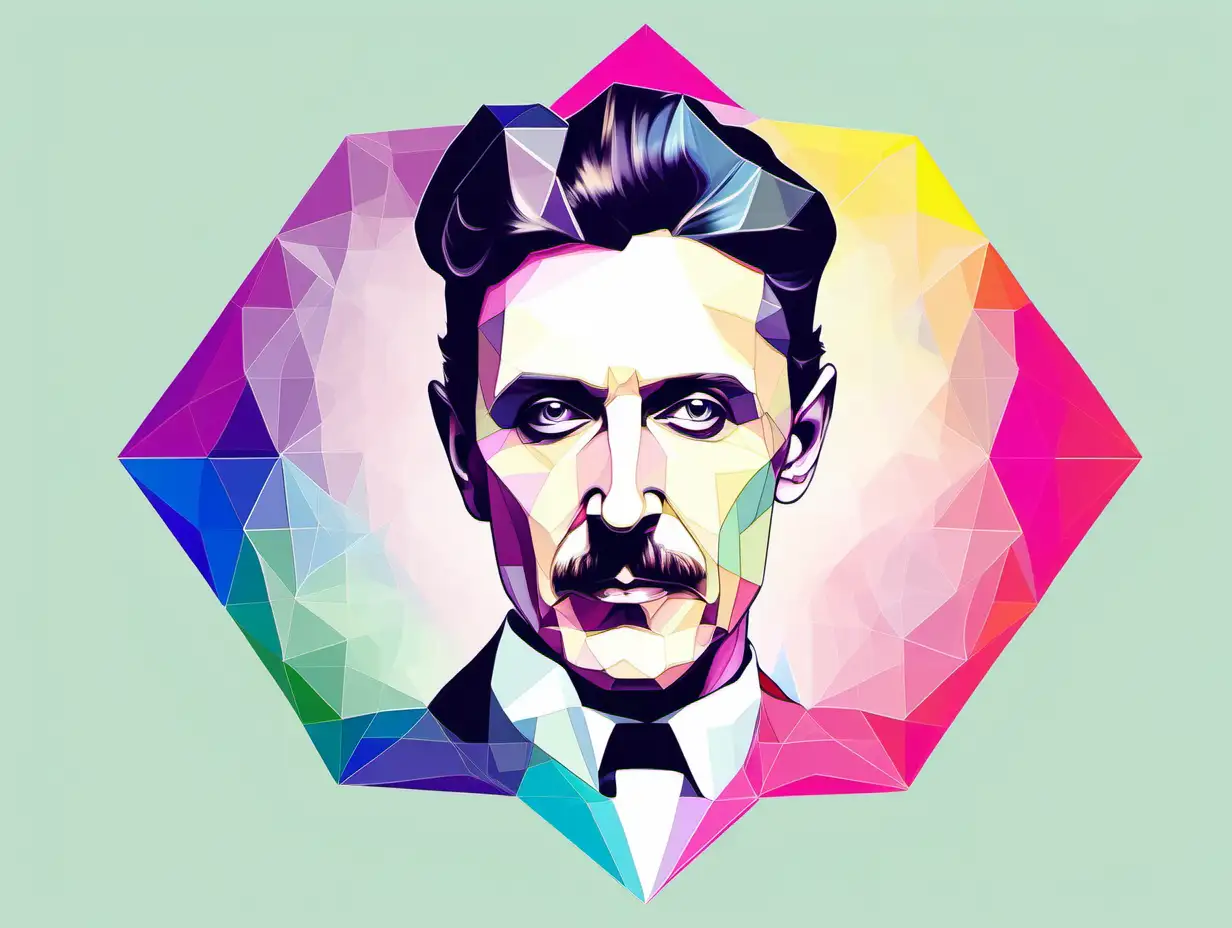 nicola tesla face as gay diva polygon shapes pastel colours
white background 