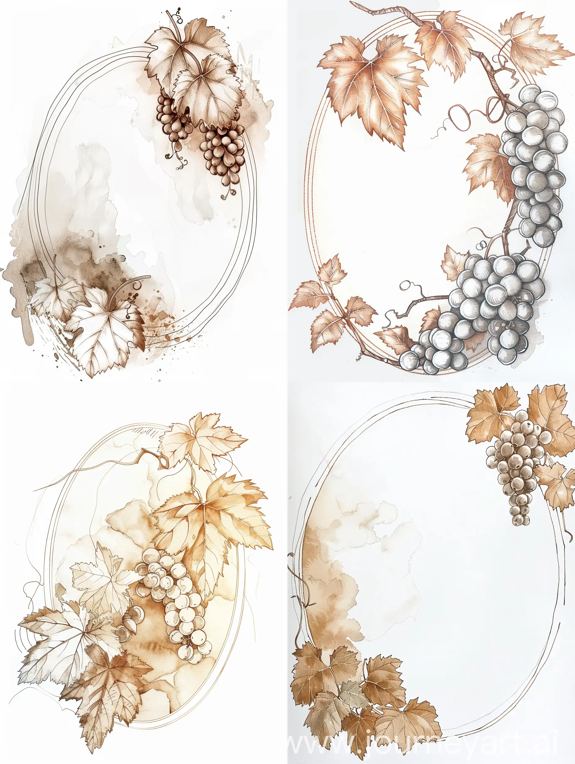 delicate ornament, along the contour of an oval, consisting of grape leaves, a small number of grapes, on a white background, stylization, watercolor, light brown ink, Victoria Ngai style