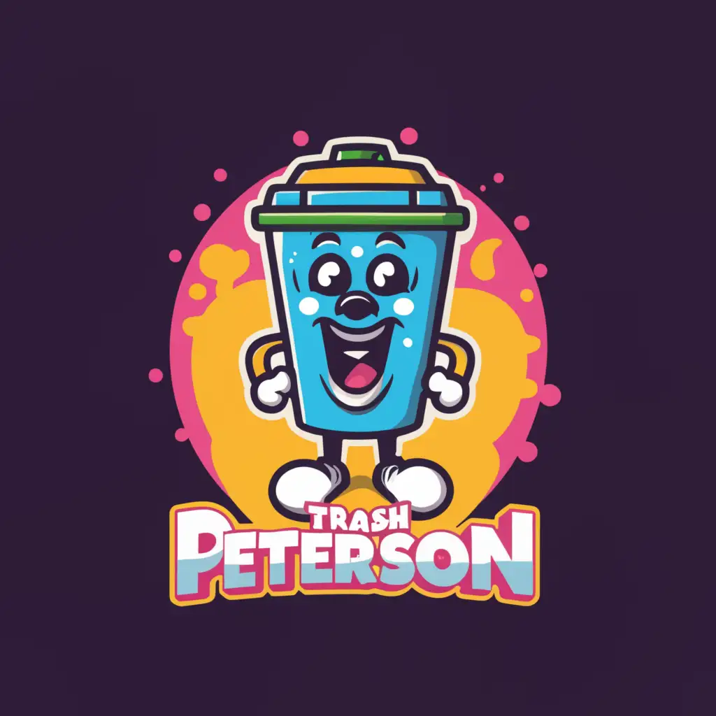 a logo design, with the text 'Trash Peterson's', main symbol: Retro style trash can logo mascot with cute neon colors, trash can becomes head, side view, has stylish legs and arms, trash, cheap, Moderate, be used in Retail industry, clear background