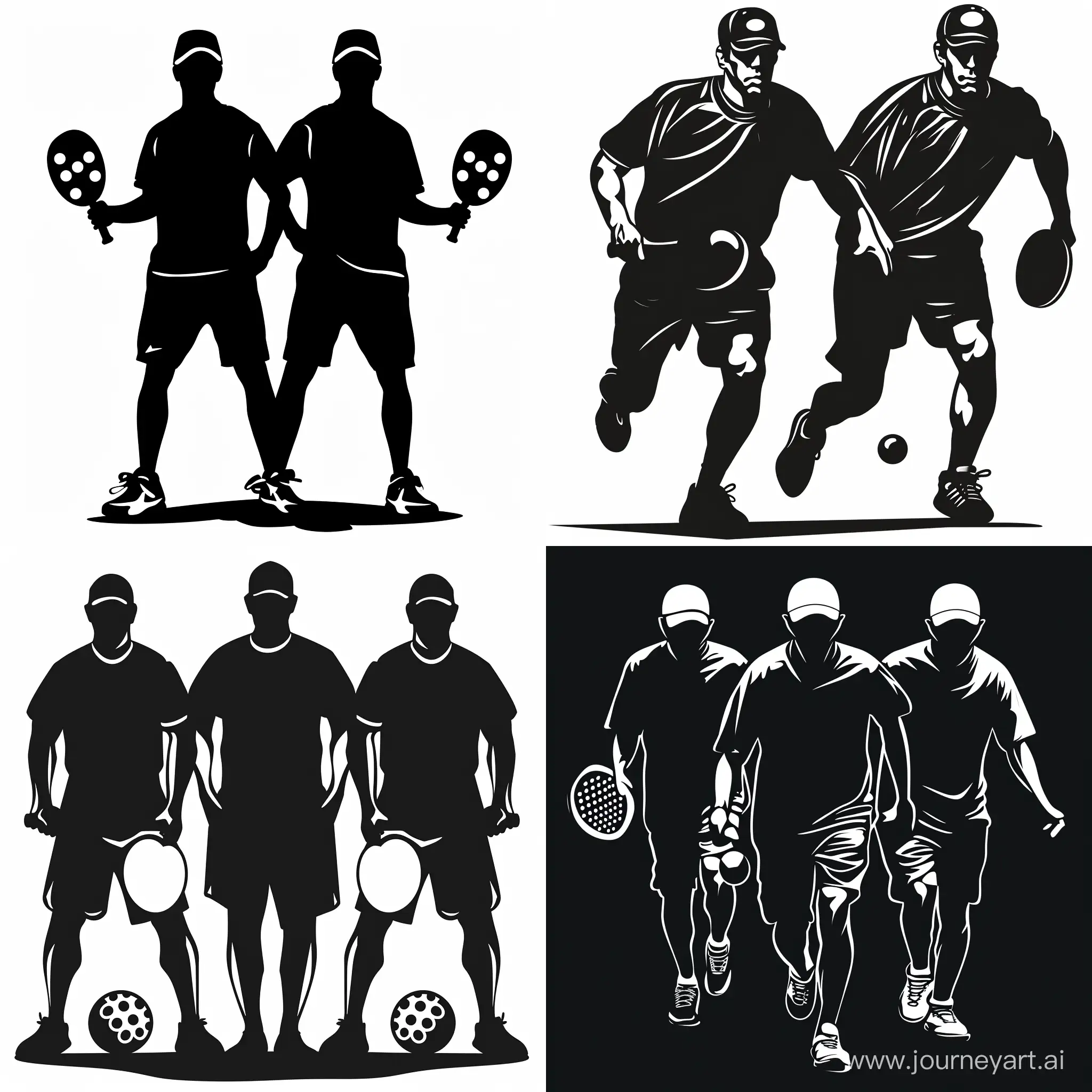men in black pickleball mascot logo, simple, no shading