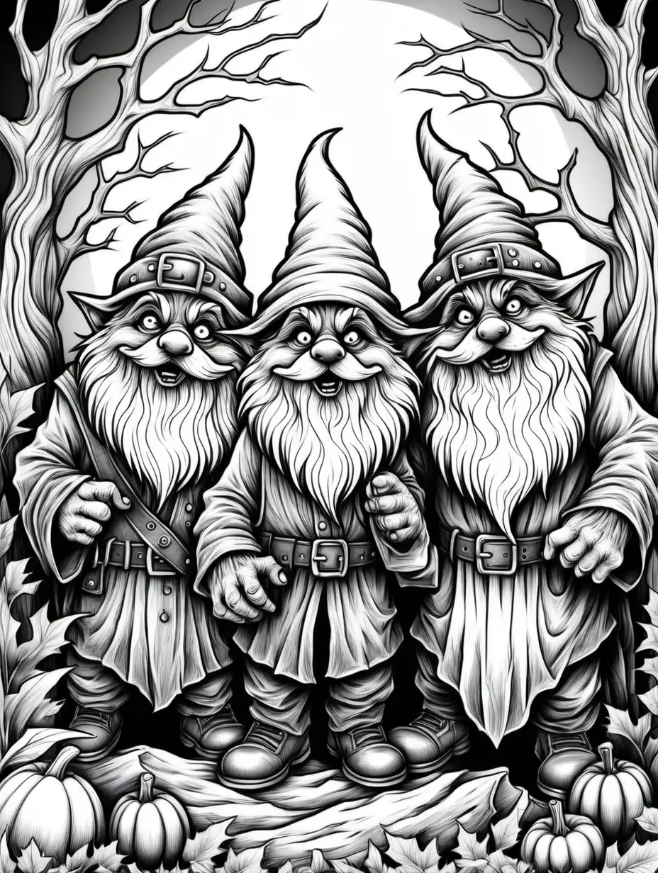 adult coloring page, halloween gnome werewolves very furry, thick lines, low detail, no shading