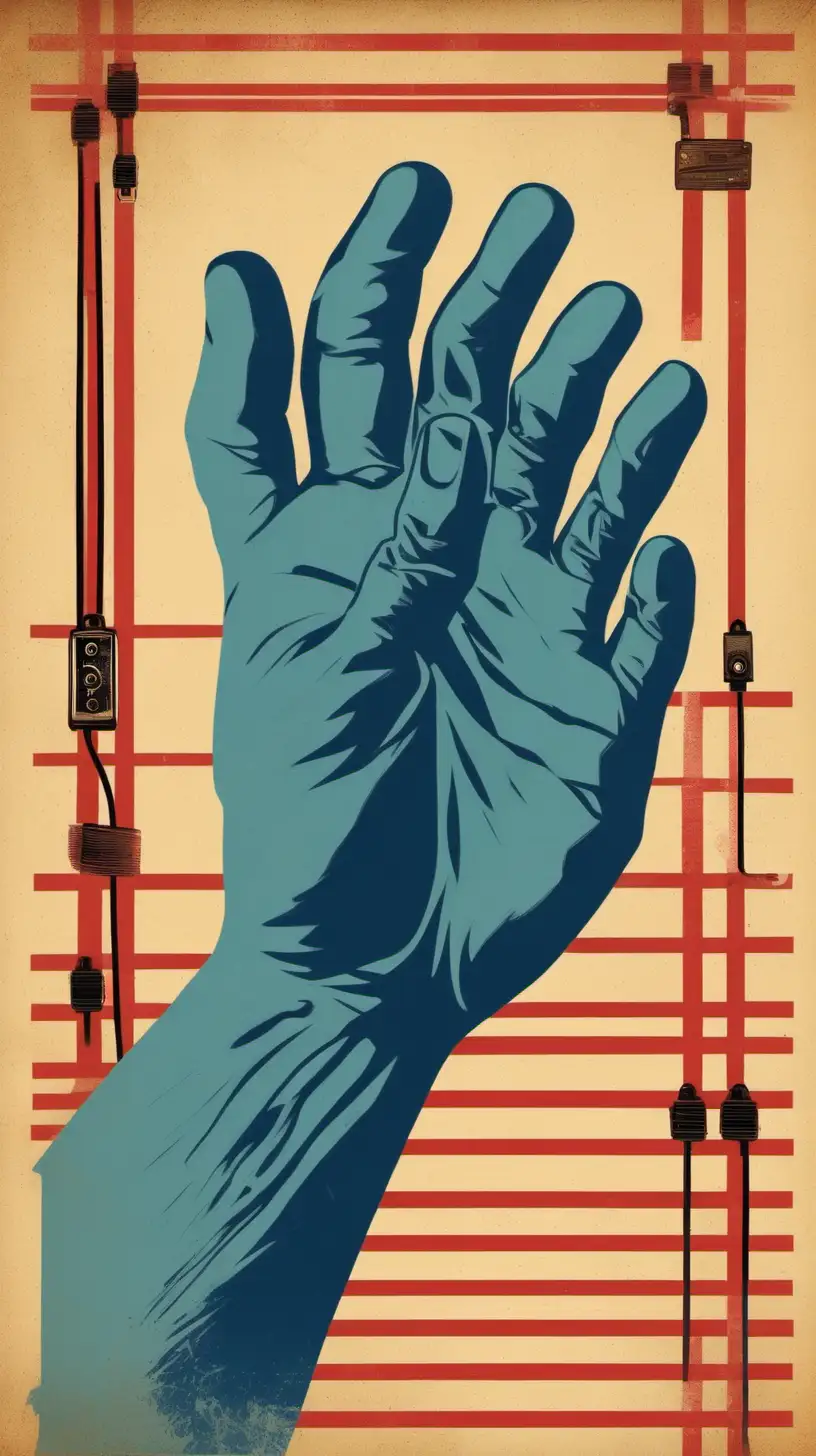 blue hand palm  in the middle of the image, background beige, red cable that connects the hand with a socket, painting in the style of Saul Bass, looks like a vintage advertisement