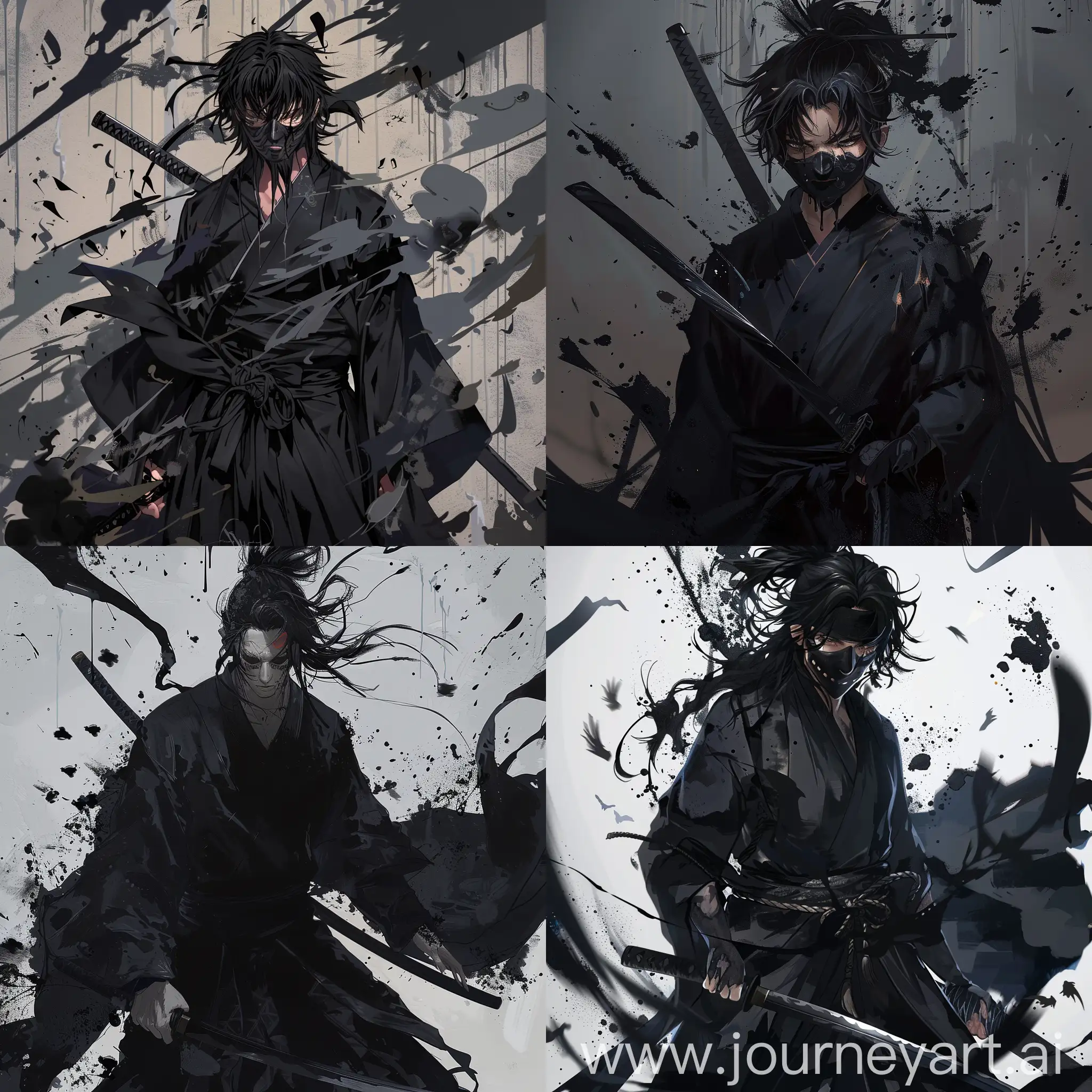 Black haired male, full body, black kimono, black katana, vagabond manga style, surrounded by shadows, anger and sadness, oni mask, shadows leaking from he blade