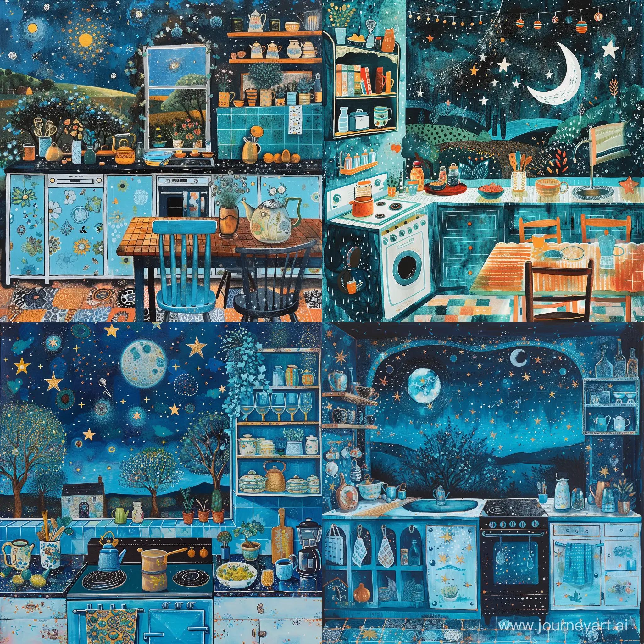 Illustration, night core, blue and teal in the kitchen, in the style of amanda clark, mandy disher, charming, idyllic rural scenes, glittery and shiny, alma woodsey thomas, konica big mini, the stars art group (xing xing) in style of whimsical naive art, nostalgic atmosphere