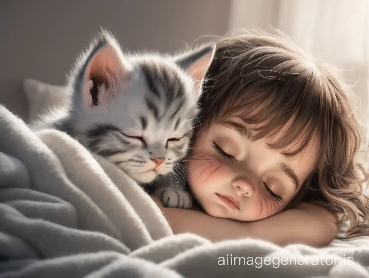 The kitten wakes up the sleeping girl