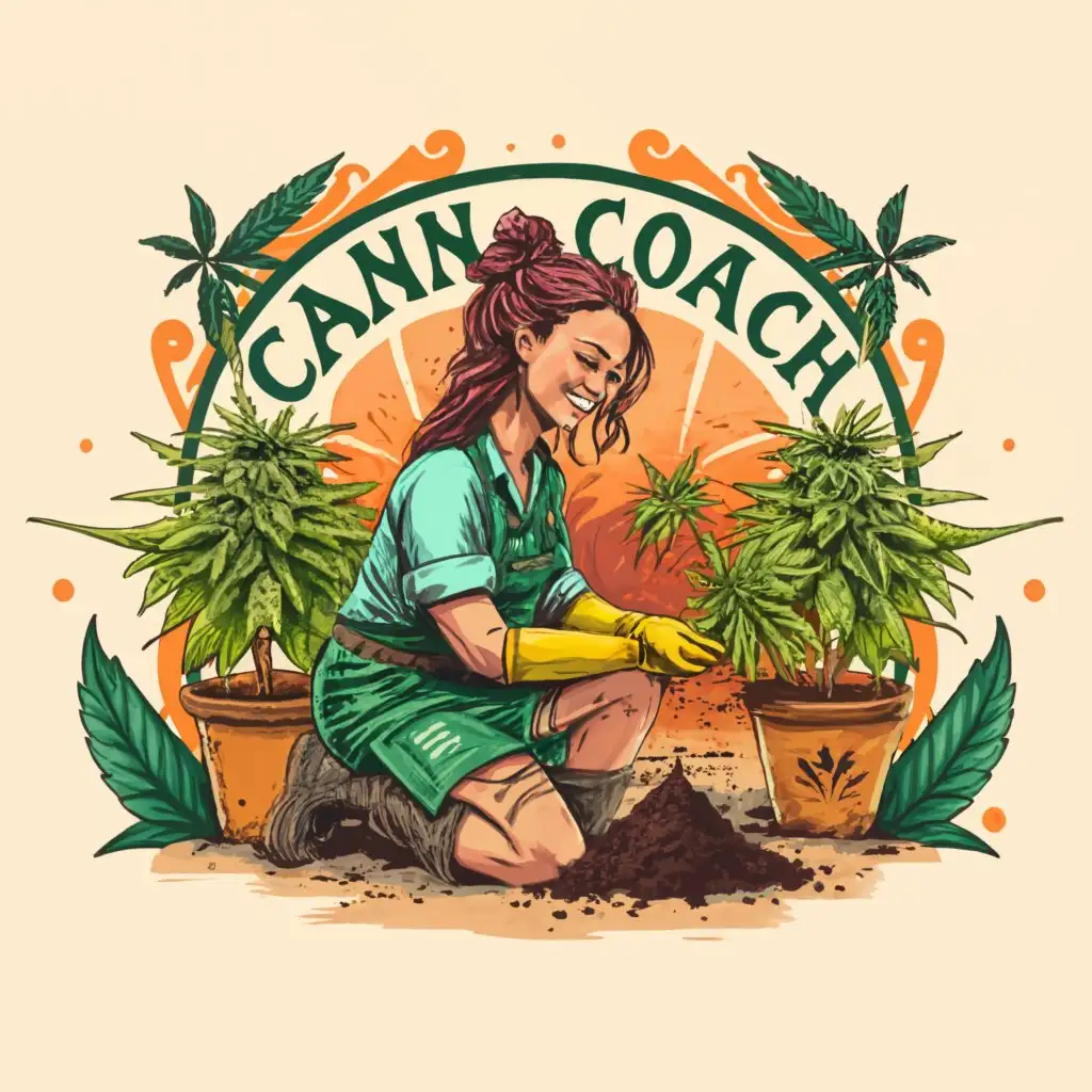 a logo design, with the text 'CannaCoach', main symbol: a woman on her knees smiling planting a small, young cannabis plant into the soil. That's perfect. Add more green colors to it and make it much more colorful overall. Its perfect, don't change anything except spell the logo name "Canna Coach" right and change the womans face, complex, clear background
