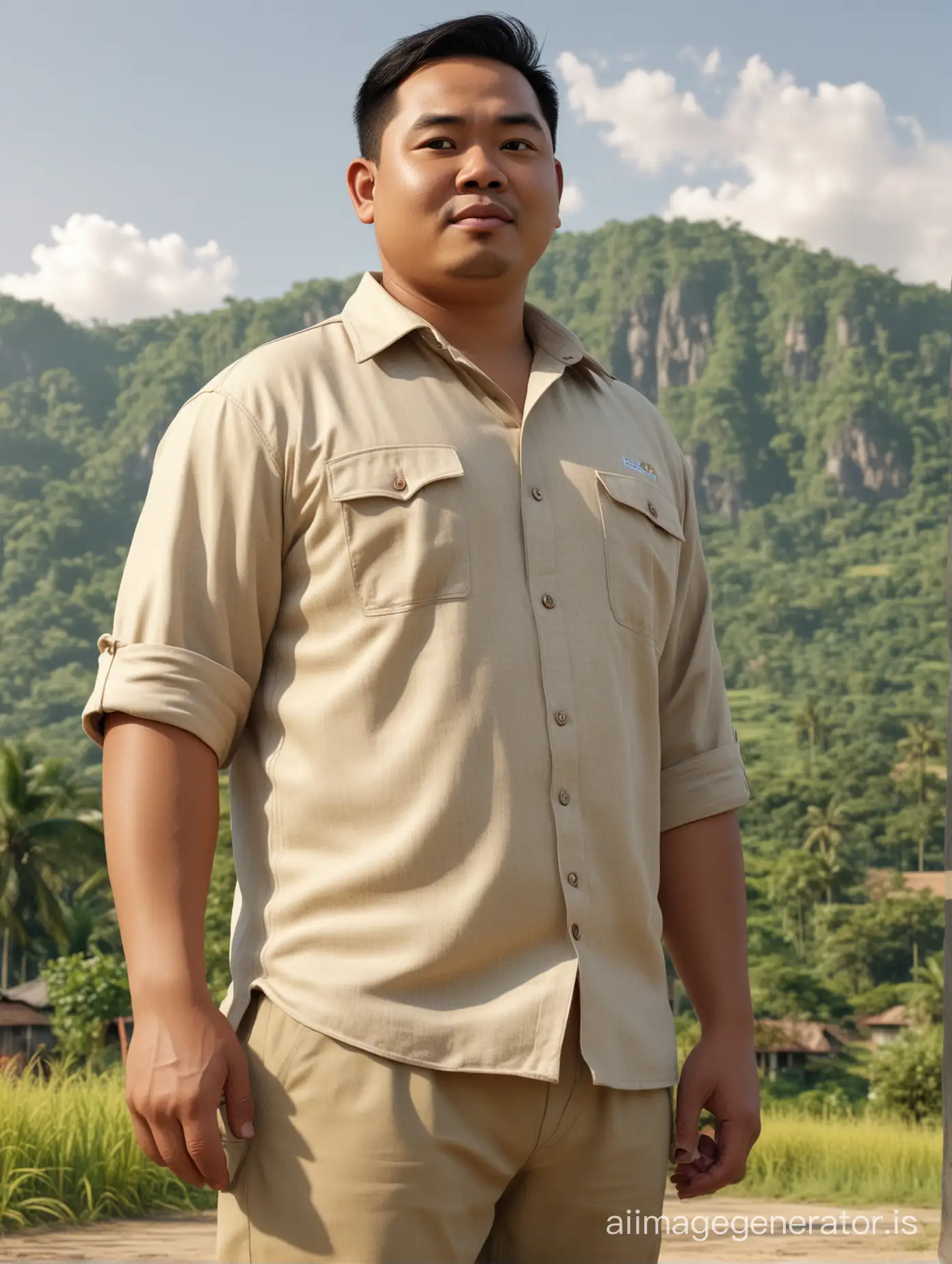Photo realistic caricature of a slightly chubby Indonesian man standing, wearing an oatmeal-colored shirt with two pockets on top, oatmeal-colored pants, gazing at the Indonesian countryside, very bright, 16k, uhd