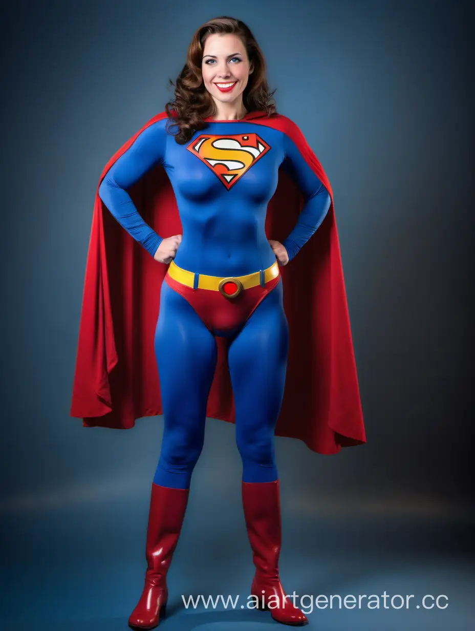 A beautiful woman with brown hair, age 32, She is happy and muscular. She is wearing a Superman costume with (blue leggings), (long blue sleeves), red briefs, red boots, and a long cape. The symbol on her chest has no black outlines. She is posed like a superhero, strong and powerful. In the style of a 1950s movie.