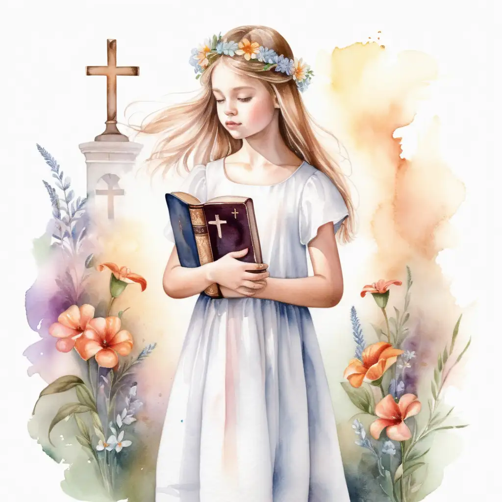 En flicka I vit klänning med en bibel i handen , ett blomster kors bakom. Med vattenfärg 