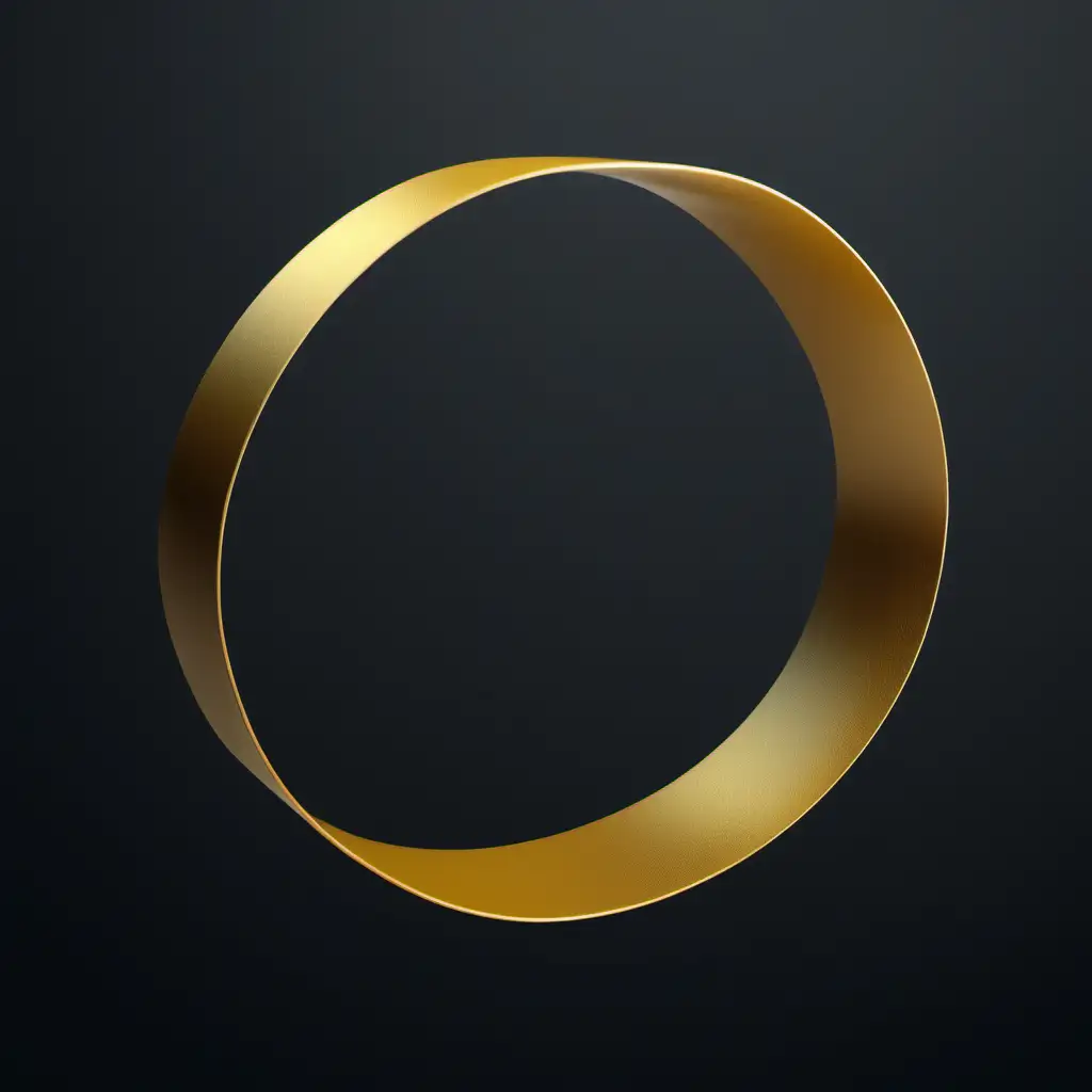 Create realistic 3d single layer golden ribbon floating in air in circle motion. solid background.