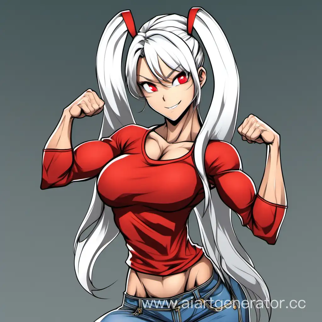 1 Women, Human, White hair, Long Rabit Ears, Long hair, Ponytail style, Red T-shirt, Ripped Long-sleeved jean pants, Serious smile, Big Breasts, Red eyes, muscular arms, muscular legs, well-toned body, muscular body, hard abs, flexing muscles,