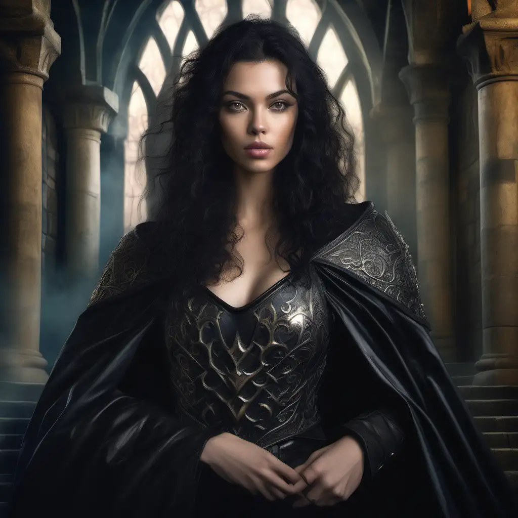 hyper-realistic painted portrait of beautiful young woman with light skin tone, black wavy hair, luscious lips, wearing black fur cloak, showing cleavage, wearing black leather armor, in medieval fantasy castle