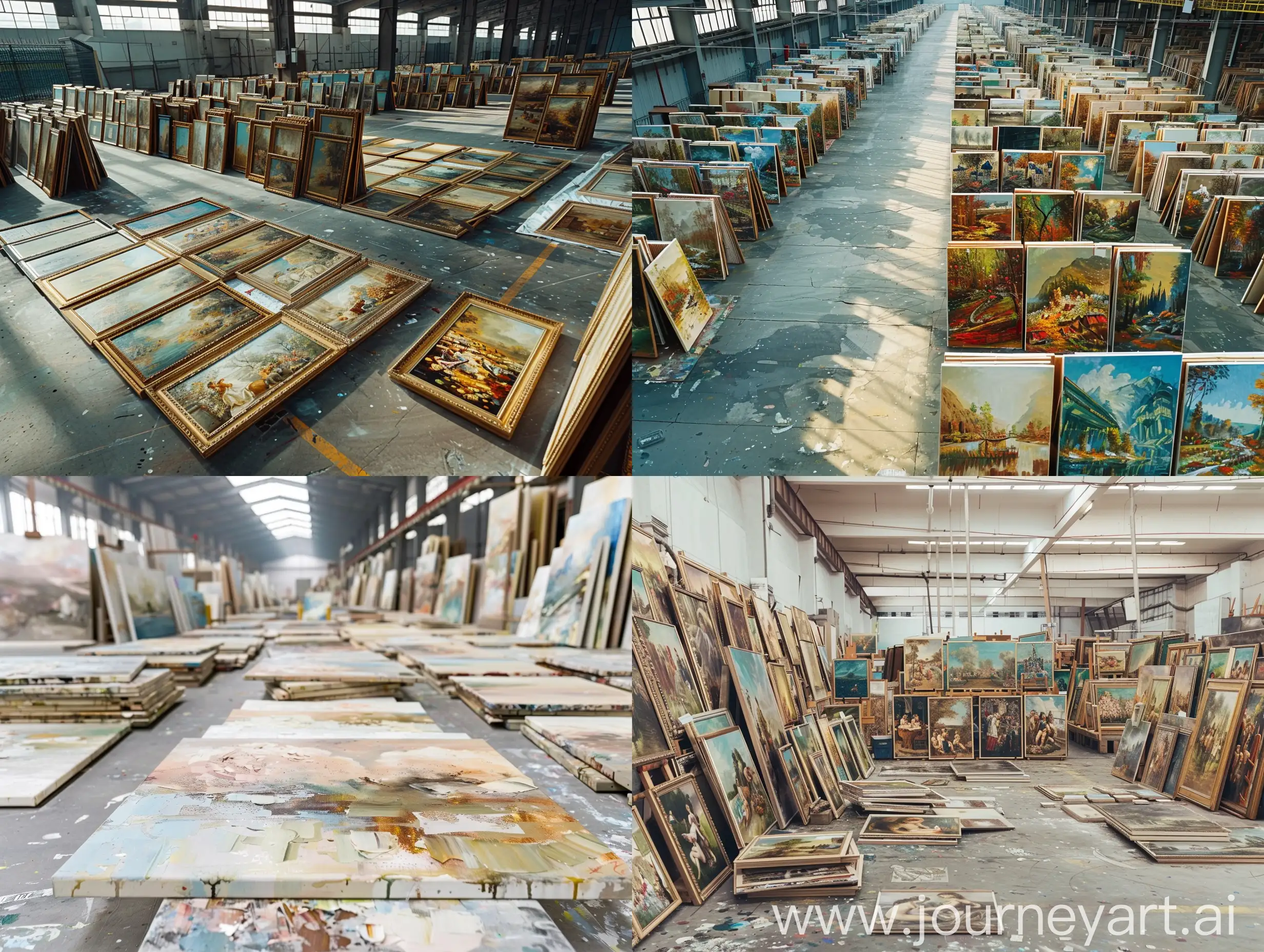 超大型油画工厂里成排整齐摆放了近千幅油画作品 、每幅油画的笔触质感和艺术感极强、工厂地面干净卫生 、工厂没人, ⾼清