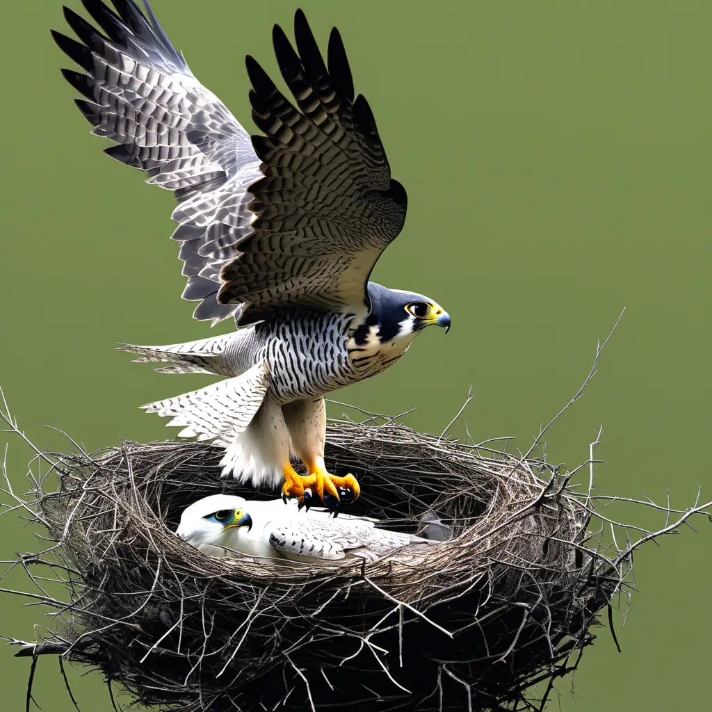 background mountain side peregrine falcon hovering over nest with female peregrine in nest with wings 