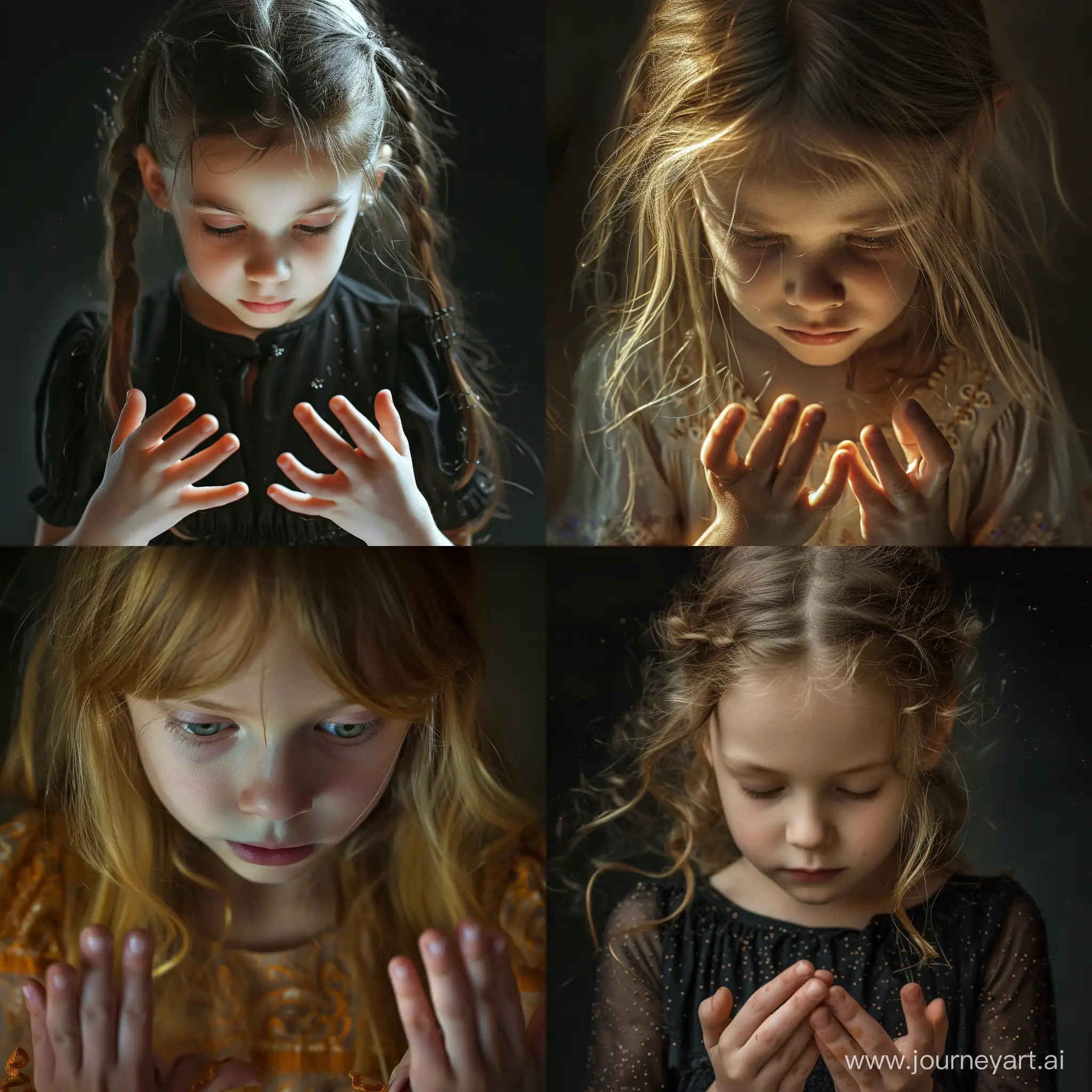 girl about ten years old looks down and shows 7 fingers, hd, photo realism