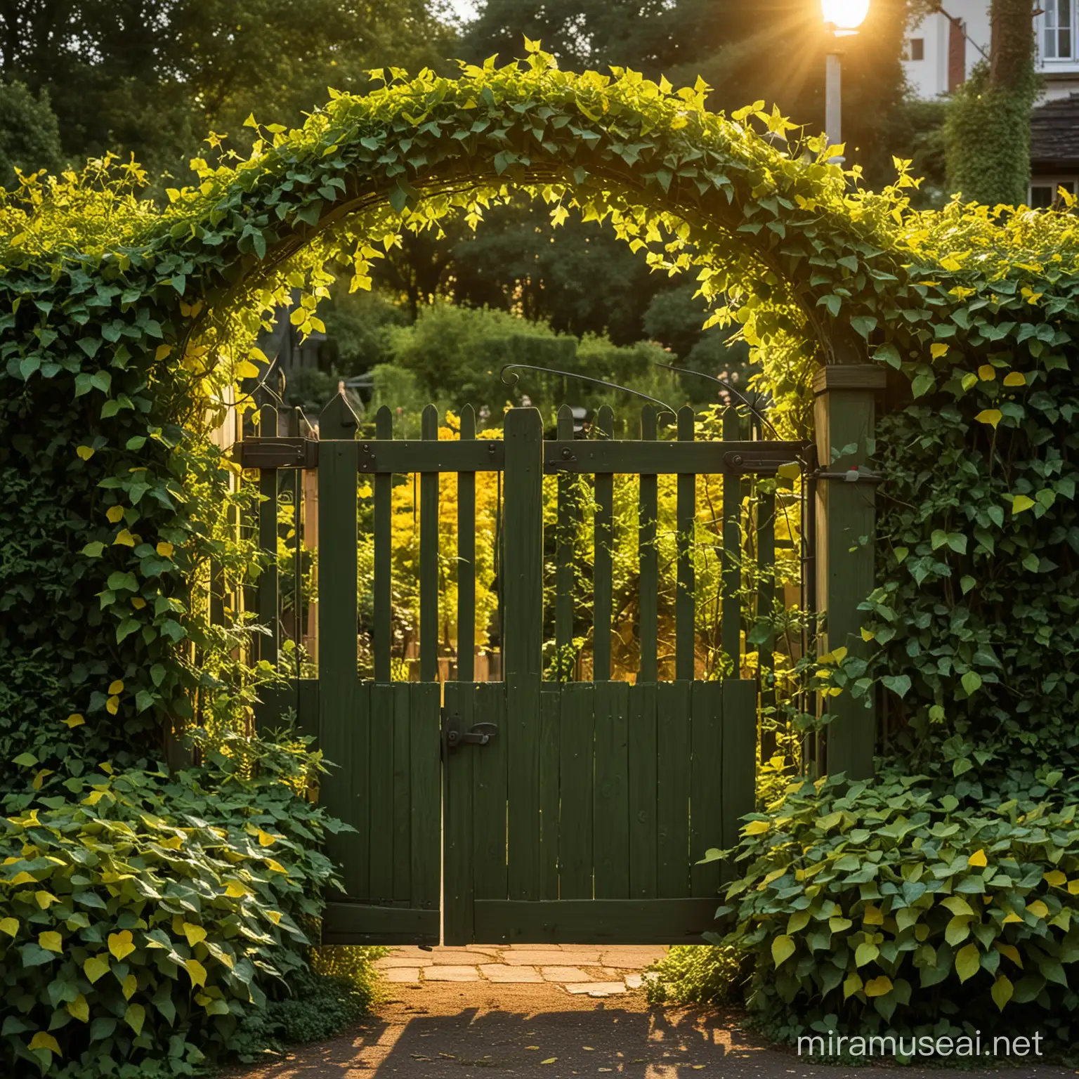 small green wooden garden gate covered with ivy, yellow light from behind