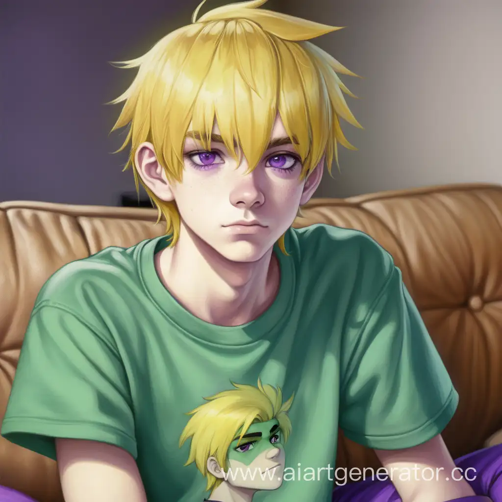 Парень 17 лет с жёлтыми волосами, фиолетовыми глазами и в зелёной футболке сидит на грязном диване.
