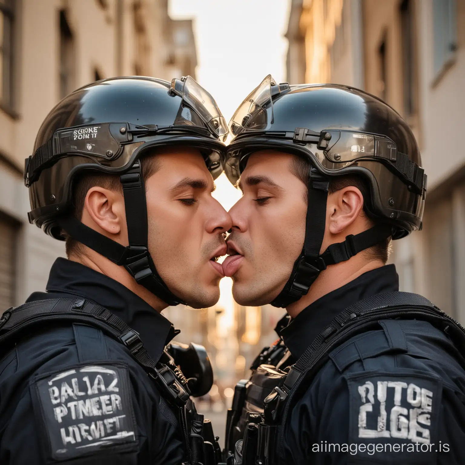 two policemen in riot gear kiss passionately on the mouth Frontal portrait shot taken in the City, Golden Hour