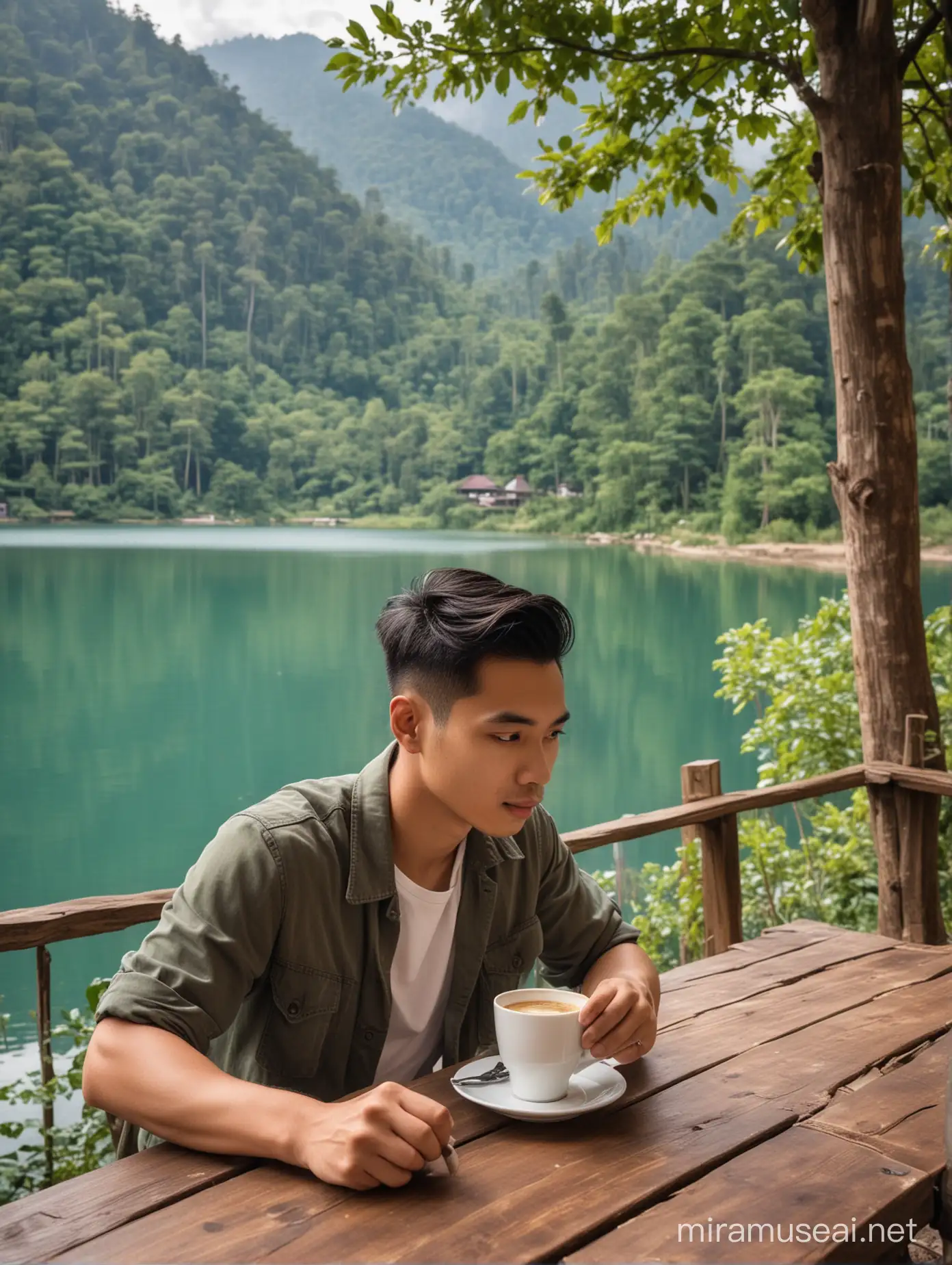 Seorang pemuda tampan dari indonesia,berkulit putih,berwajah bulat,berambut pendek rapi belah samping,full badan,sedang minum kopi di depan meja kayu,sambil melihat pemandangan danau yang indah di kelilingi gunung dan hutan