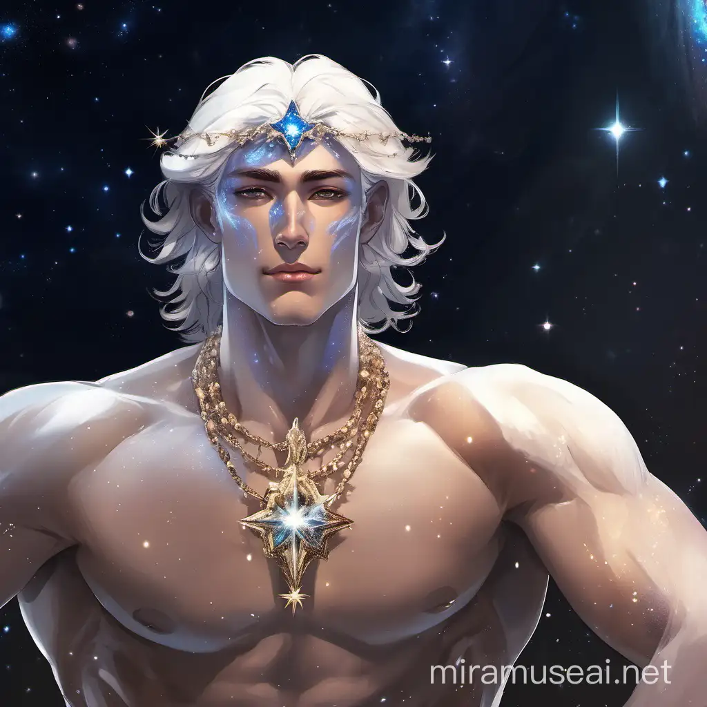 a powerful celestial being, crown prince, galaxy themed, crown of stars, cosmic, nebula, strong male, beautiful prince, mysterious, glalaxian prince