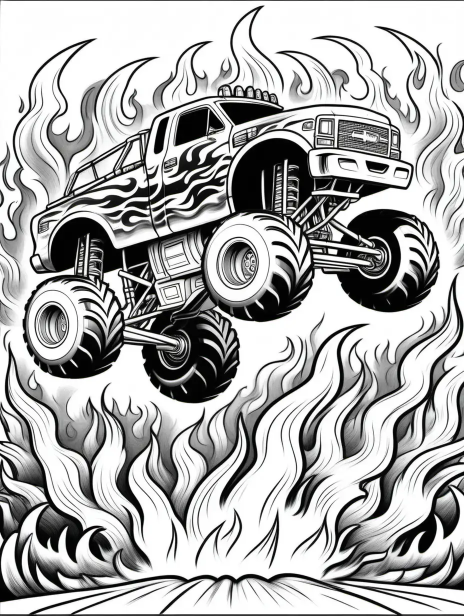 Dynamic Monster Truck Coloring Page with Fire and Action