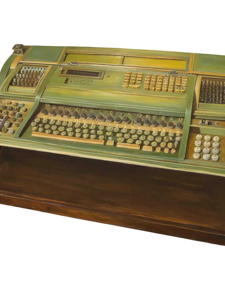 Detailed Painting of a Calculating Machine on a Table in Muted Pastel Colors