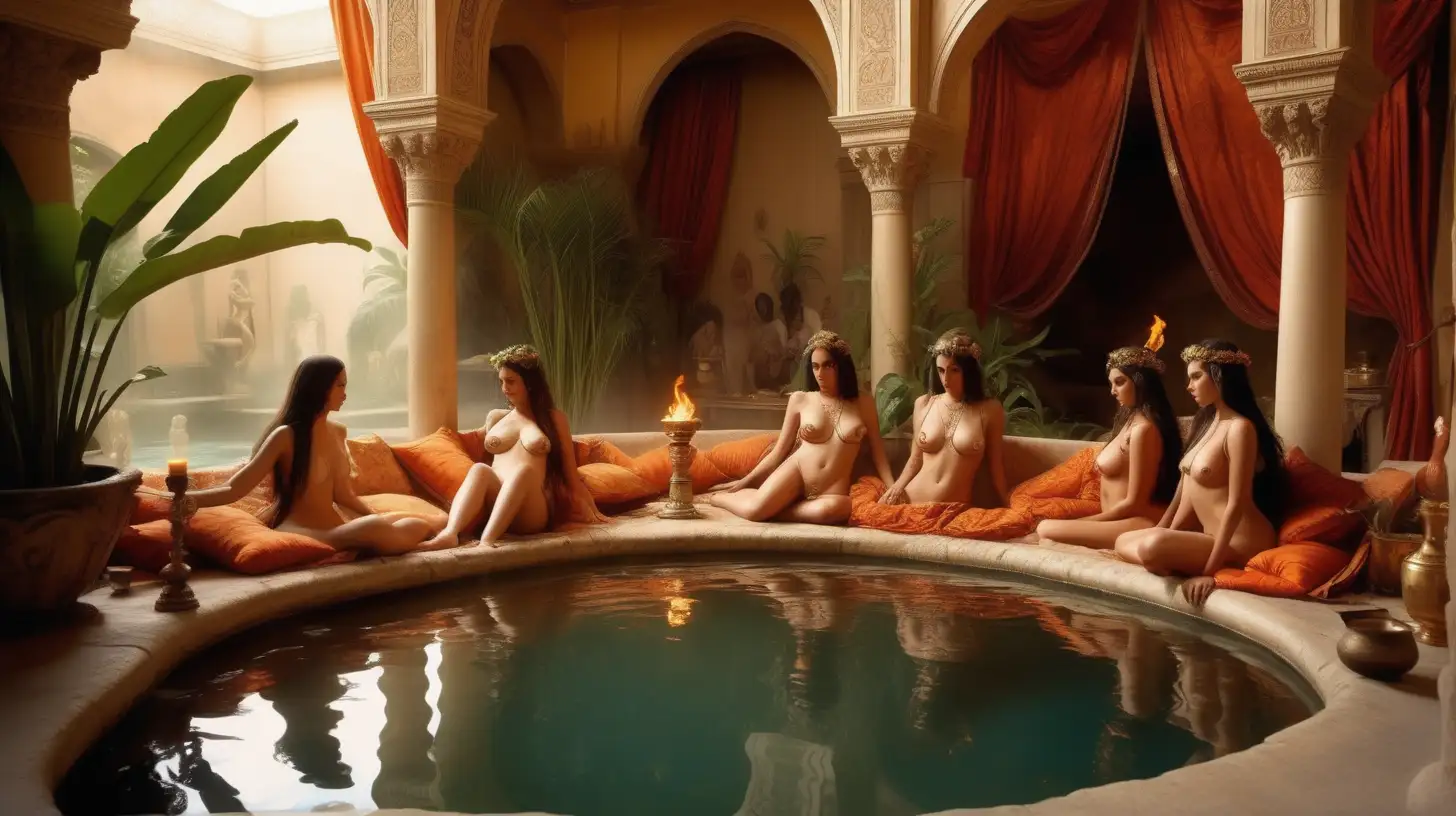 harem of exotic women, goddesses bathing in ancient bath/pool, drapes/curtains, food and wine, burning incense, oasis, paradise, plants, couch, pillows