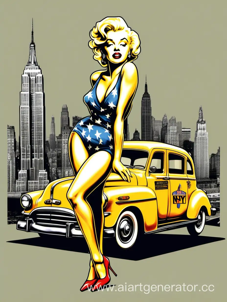 Marilyn Monroe french Pin up girl full body posture against a empire state building in american flag  colors against a NY yellow taxi vintage 
style logo design  